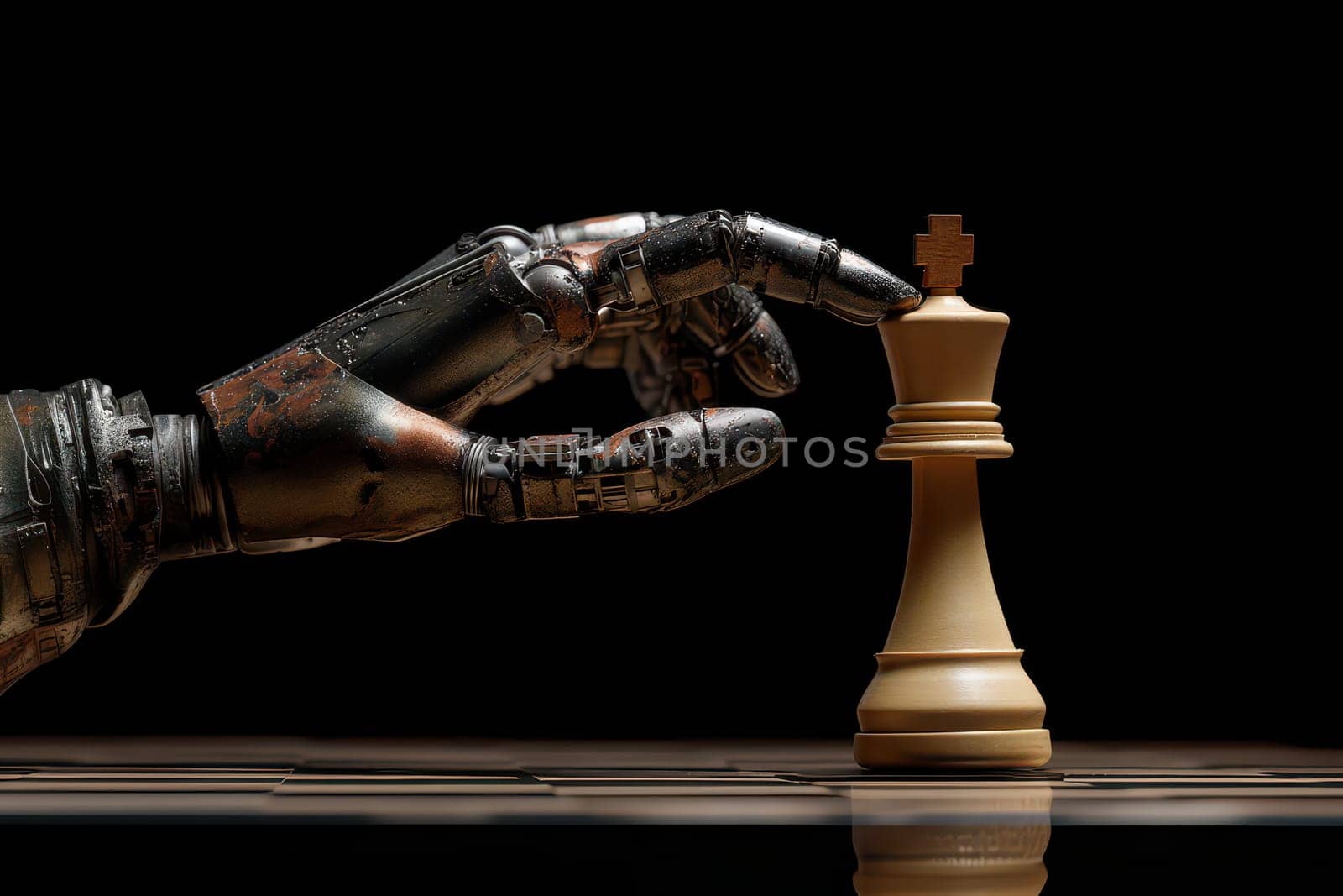 Robotic hand holding king chess piece in the center of chessboard, symbolizing the intersection of artificial intelligence and strategic thinking..