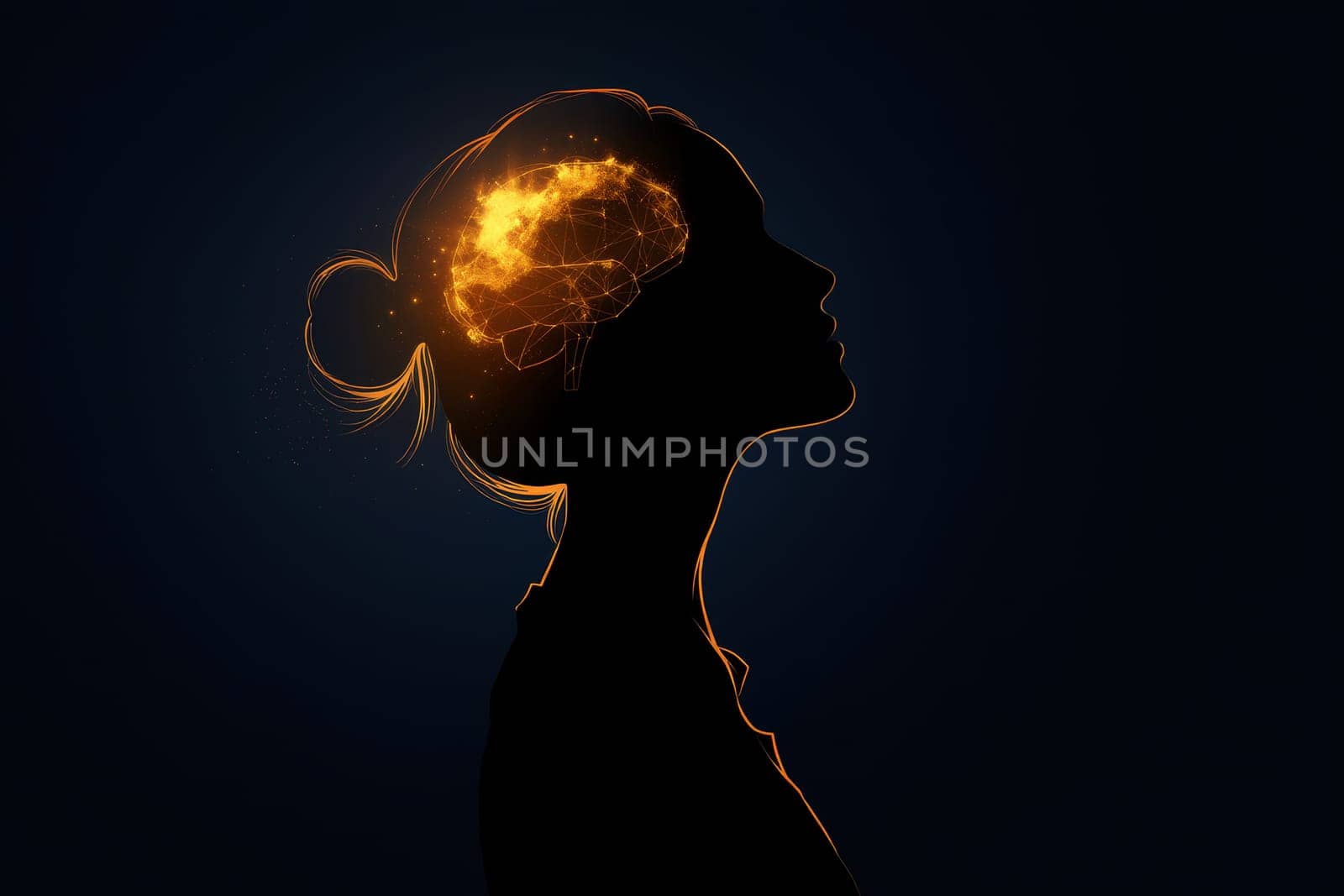 Silhouette of woman with glowing neural network representing artificial intelligence and creativity..