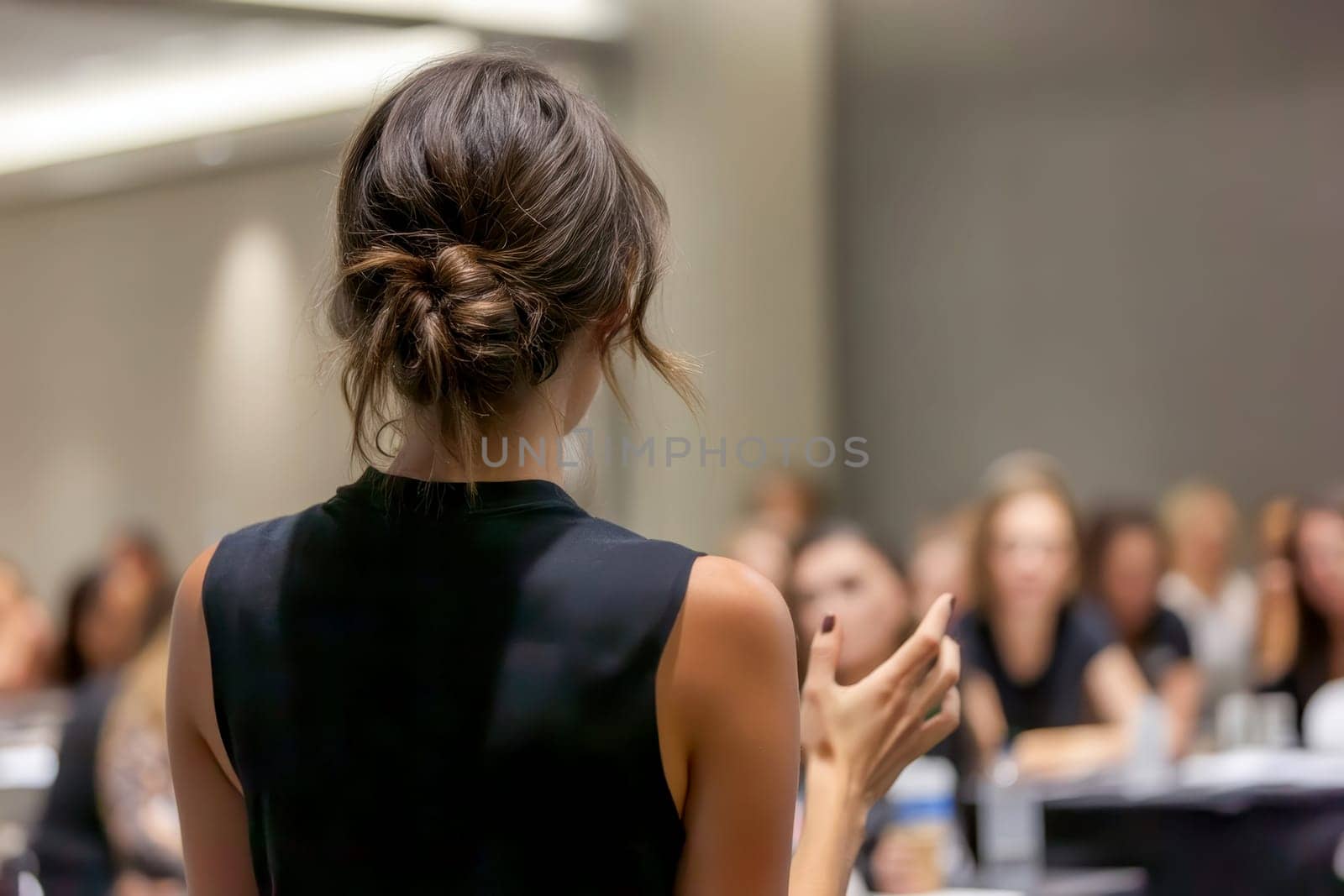 Female speaker giving a talk on corporate business conference. Unrecognizable people in audience at conference hall. Business and Entrepreneurship event..