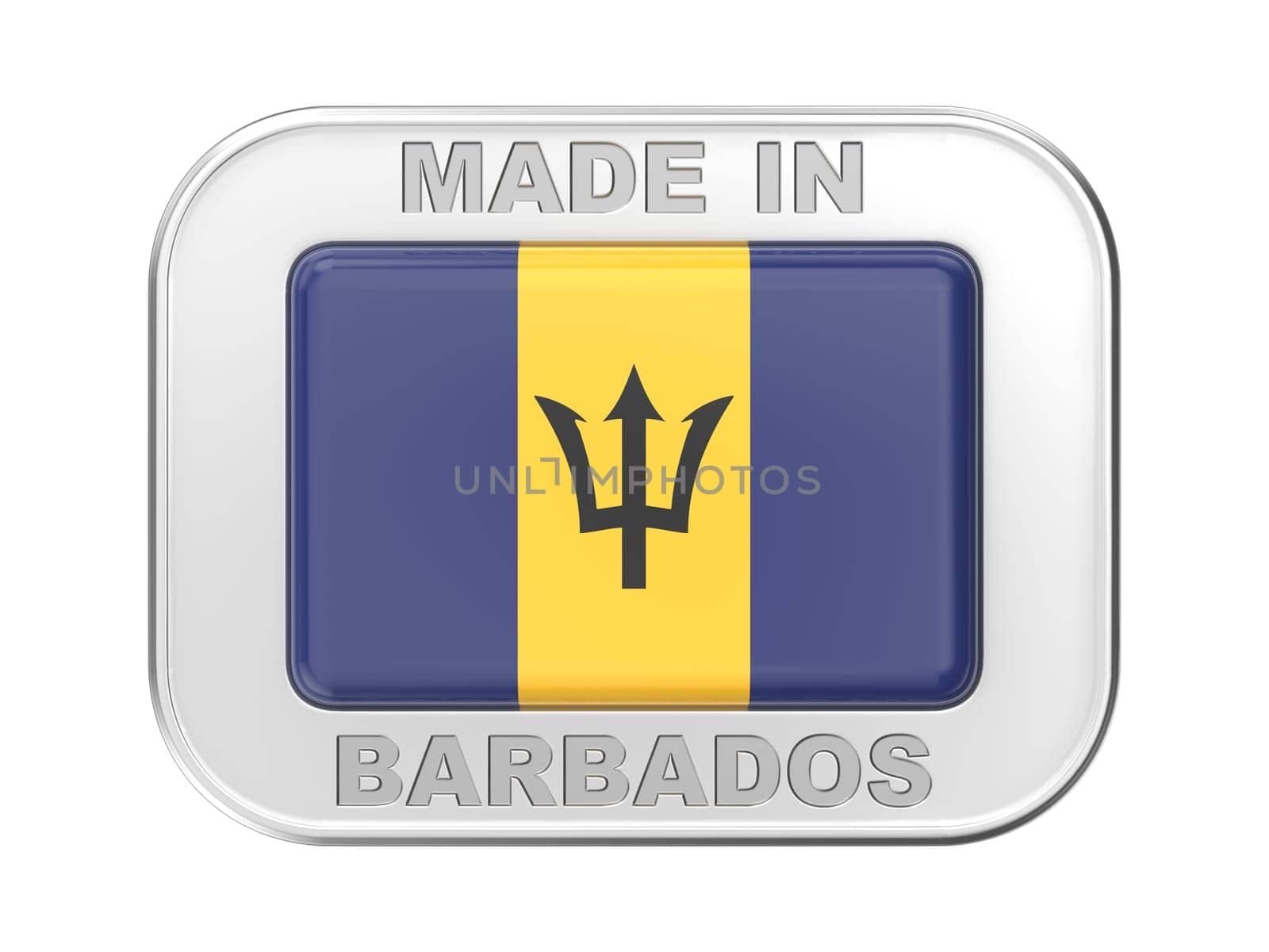 Made in Barbados, silver badge with the flag of Barbados
