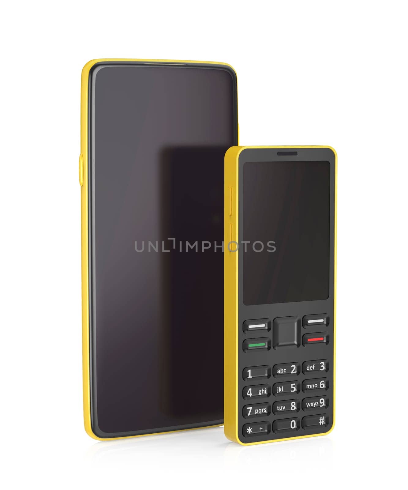 Yellow smartphone and feature phone on a white background