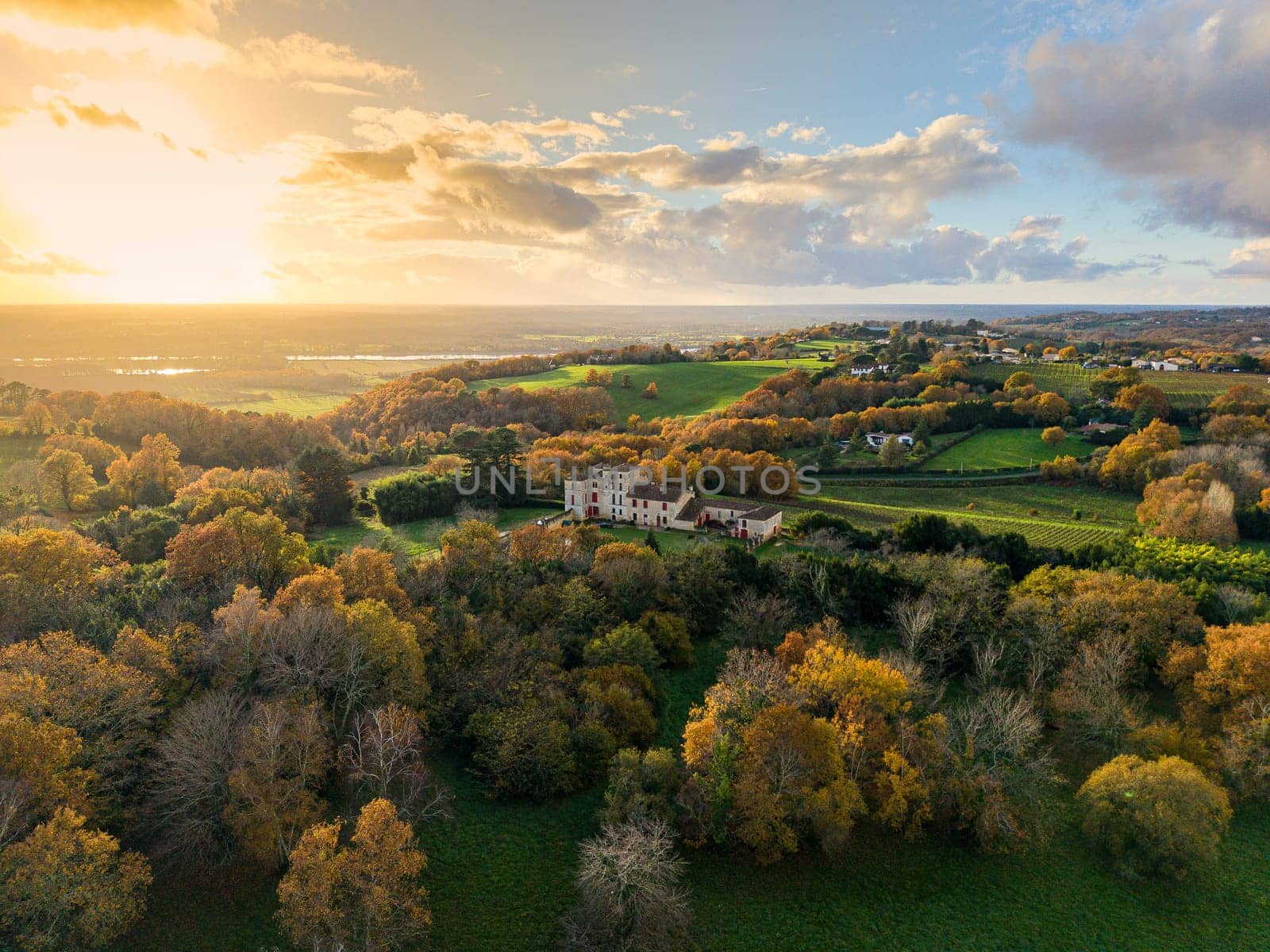 France, Gironde, Tabanac, Aerial view of the vineyard and wooded areas of Chateau le Pic in the Bordeaux vineyards at sunset. High quality photo