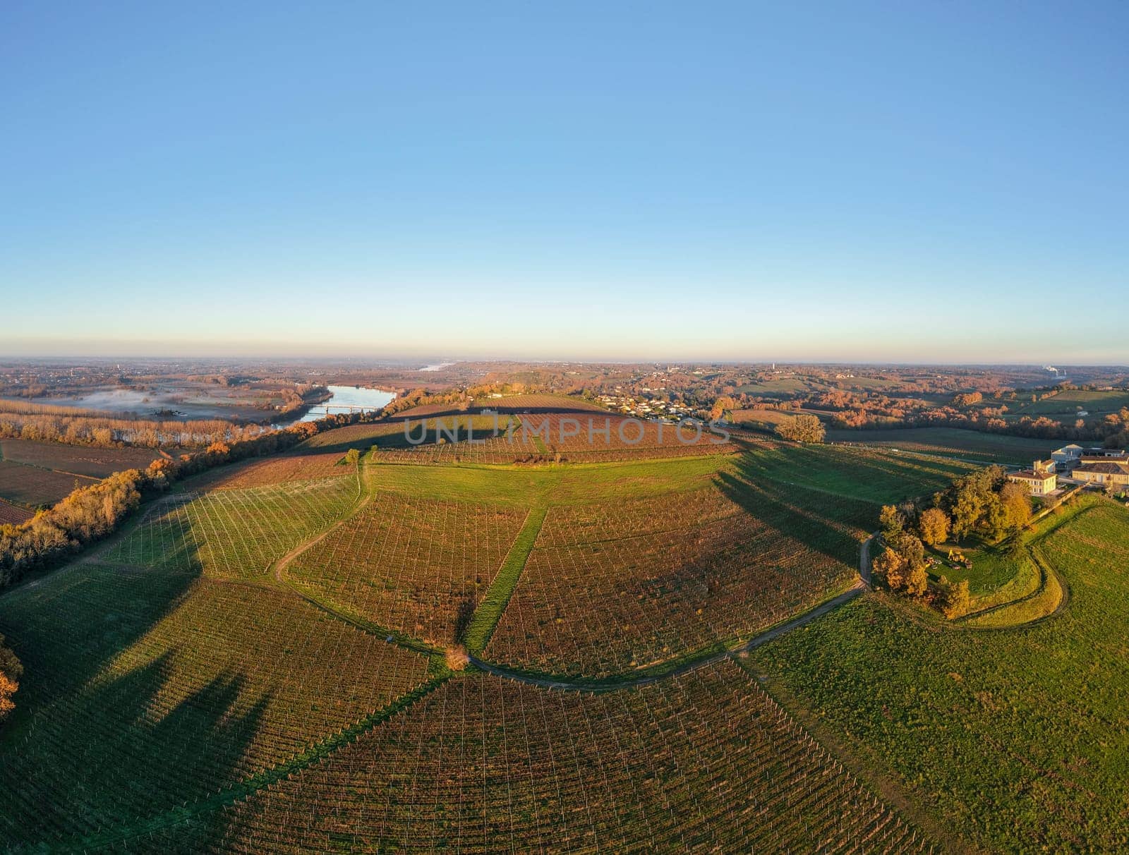 France, Gironde, Haut-Langoiran, Aerial view of the vineyard and wooded areas of Chateau de Langoiran in the Bordeaux vineyards at sunrise