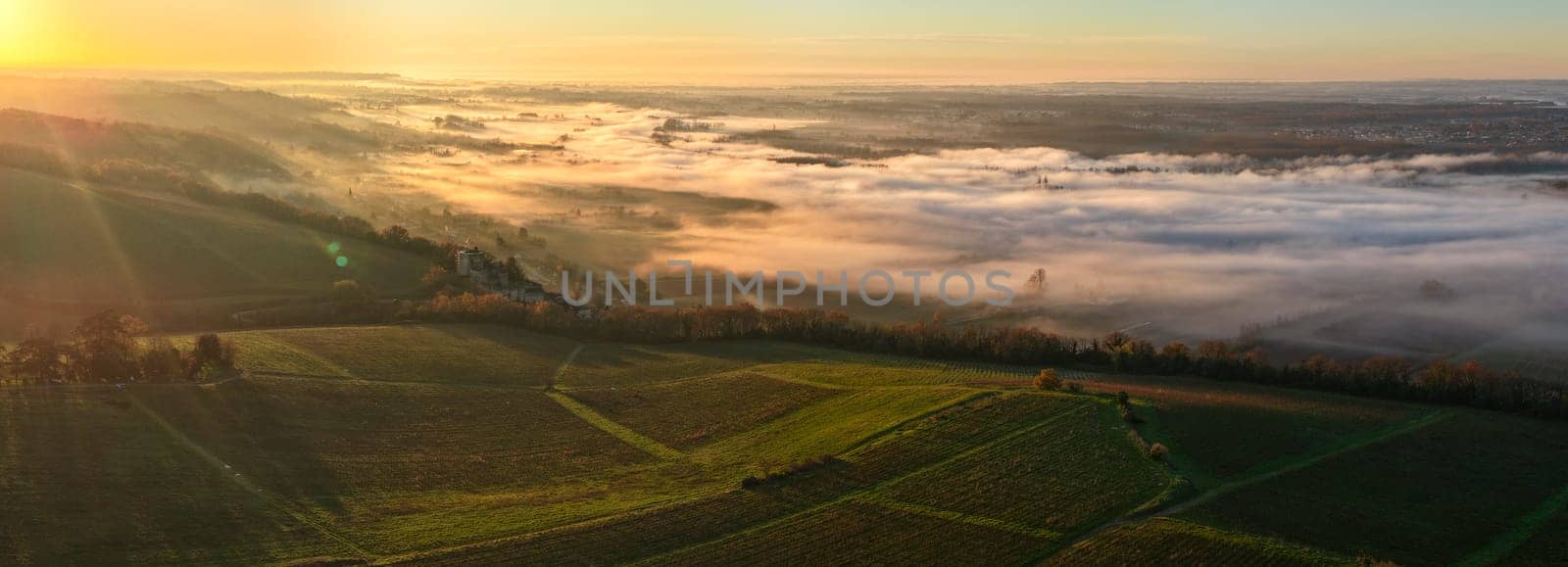 France, Gironde, Langoiran, Aerial view of Premieres Cotes de Bordeaux vineyard in Entre-Deux-Mers, Bordeaux vineyard at sunrise with fog over the Garonne river. High quality photo