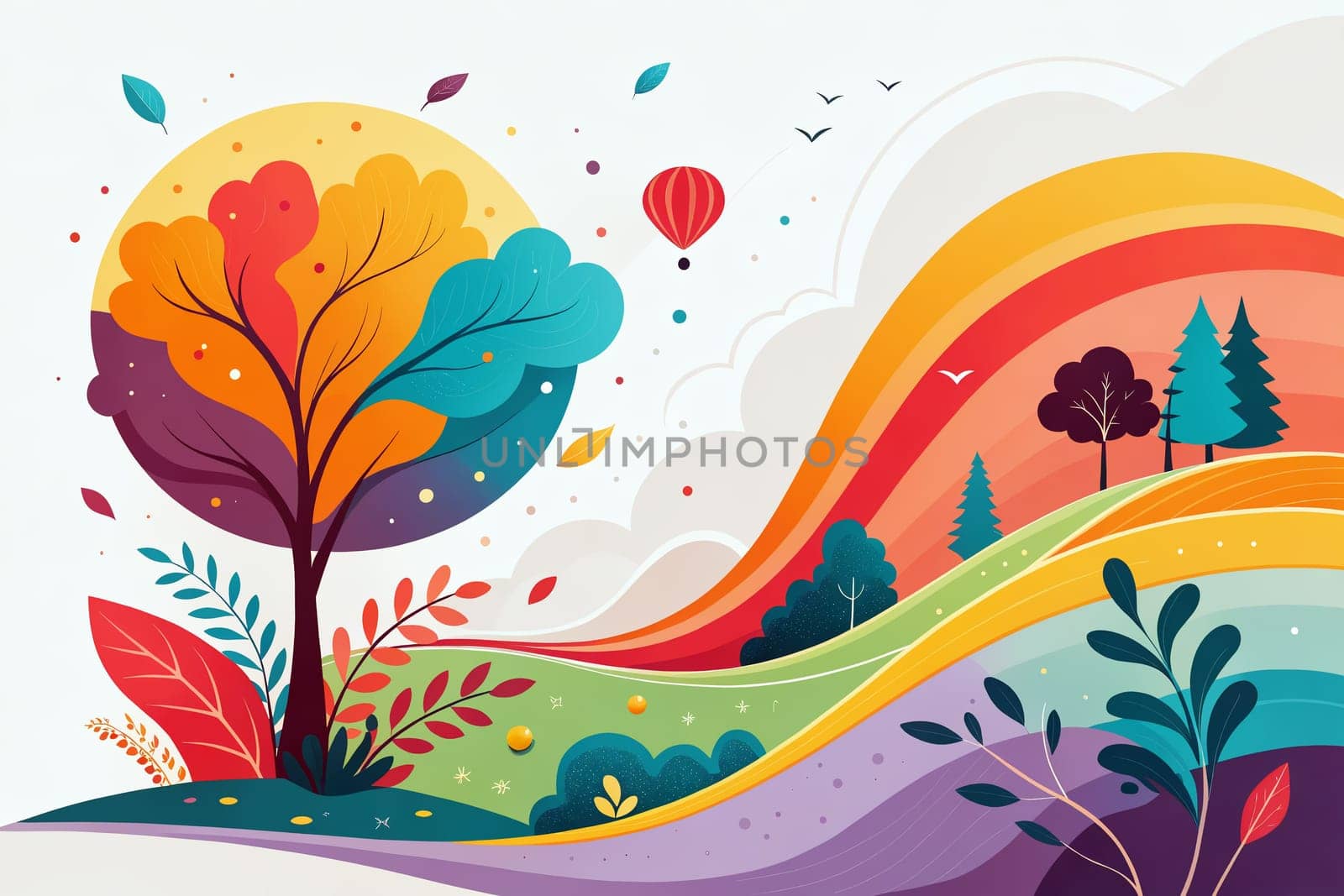 A lively landscape showcases vibrant colors, with bright trees, rolling hills, and a hot air balloon soaring in a clear sky, evoking tranquility - Spring season - Generative AI.