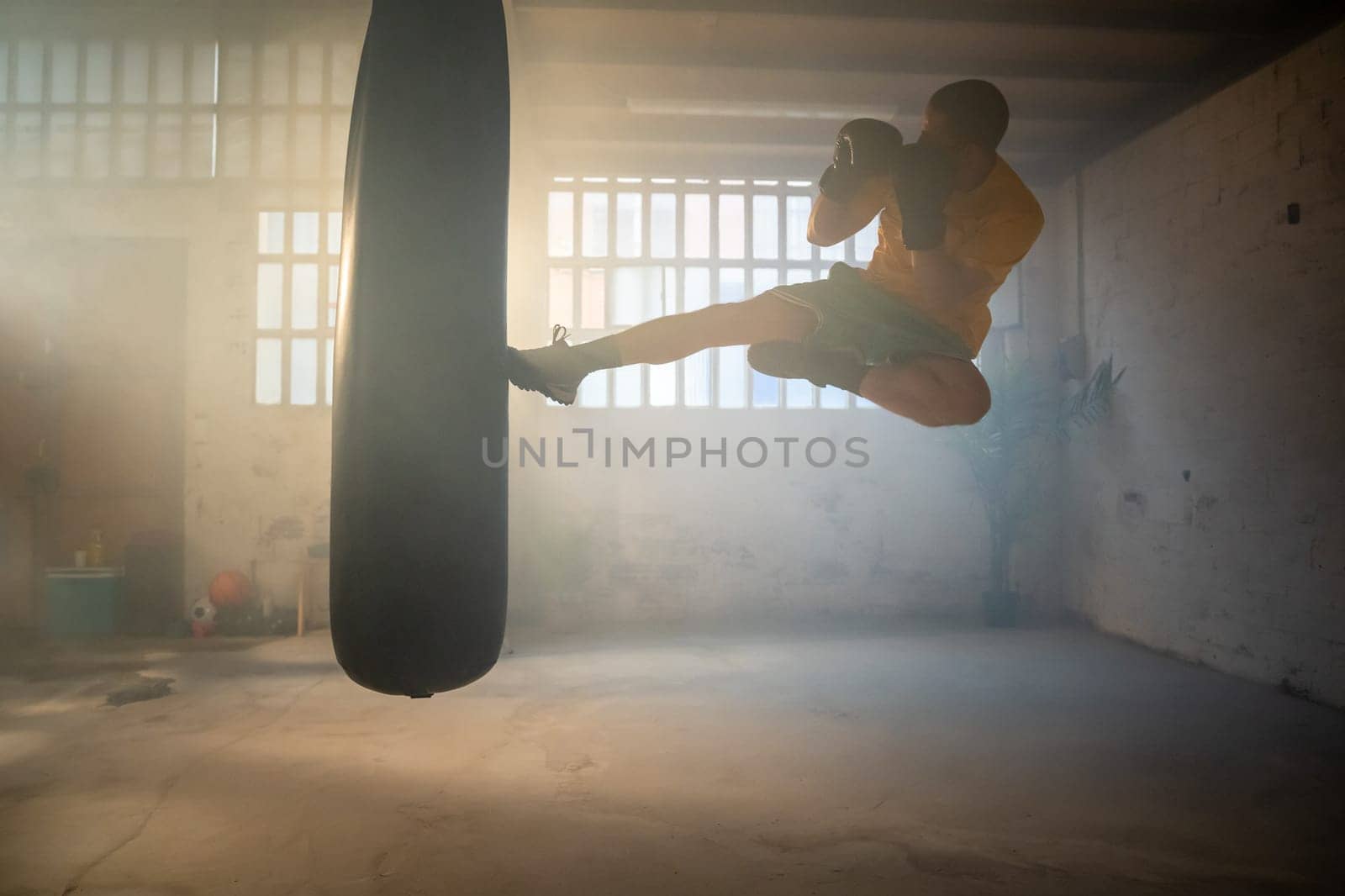 A skilled athlete delivers a powerful high kick on a punching bag in a vibrant training space where fitness thrives