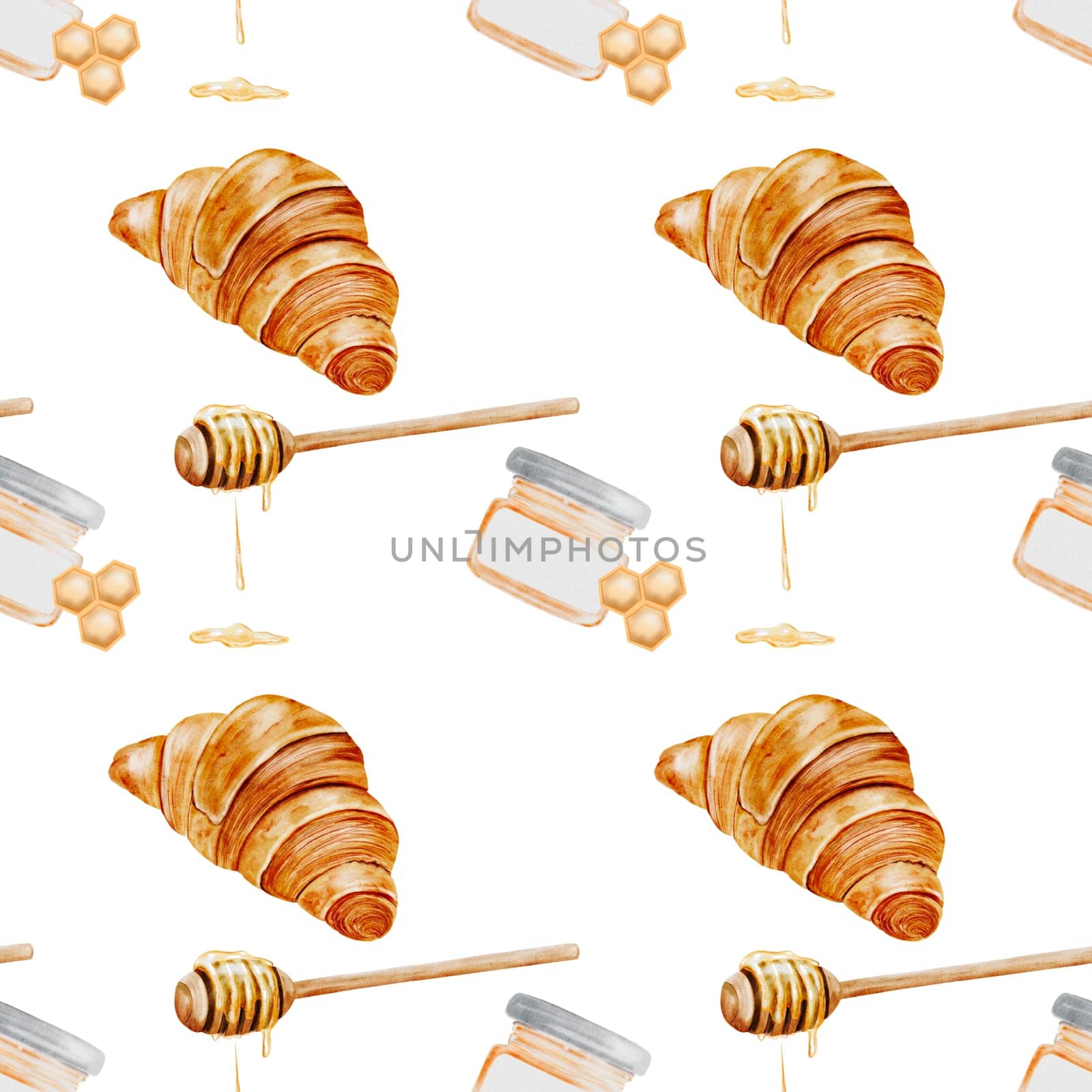 Croissant and honey watercolor pattern. Hand drawn illustration fresh french bun. Food clip art. Ideal for bakery prints, postcards and pastry shop posters. High quality illustration