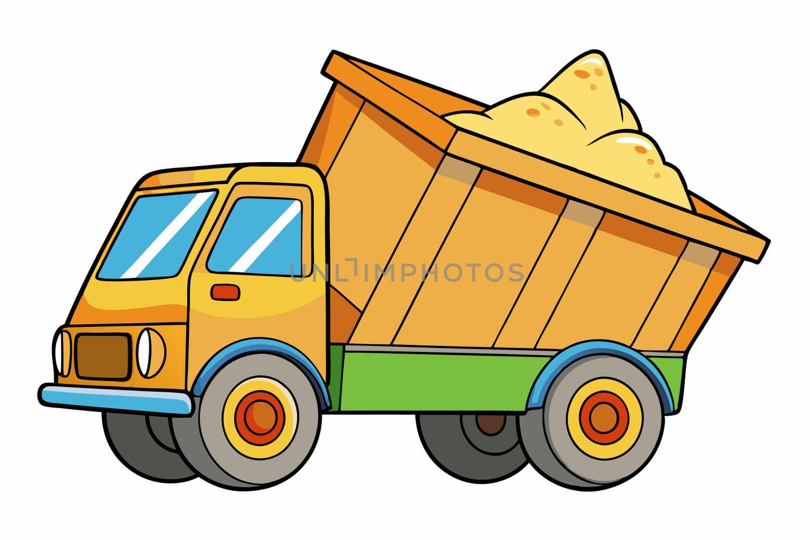 Big truck with mechanical tipping body. goods carried on a ship, aircraft, or motor vehicle