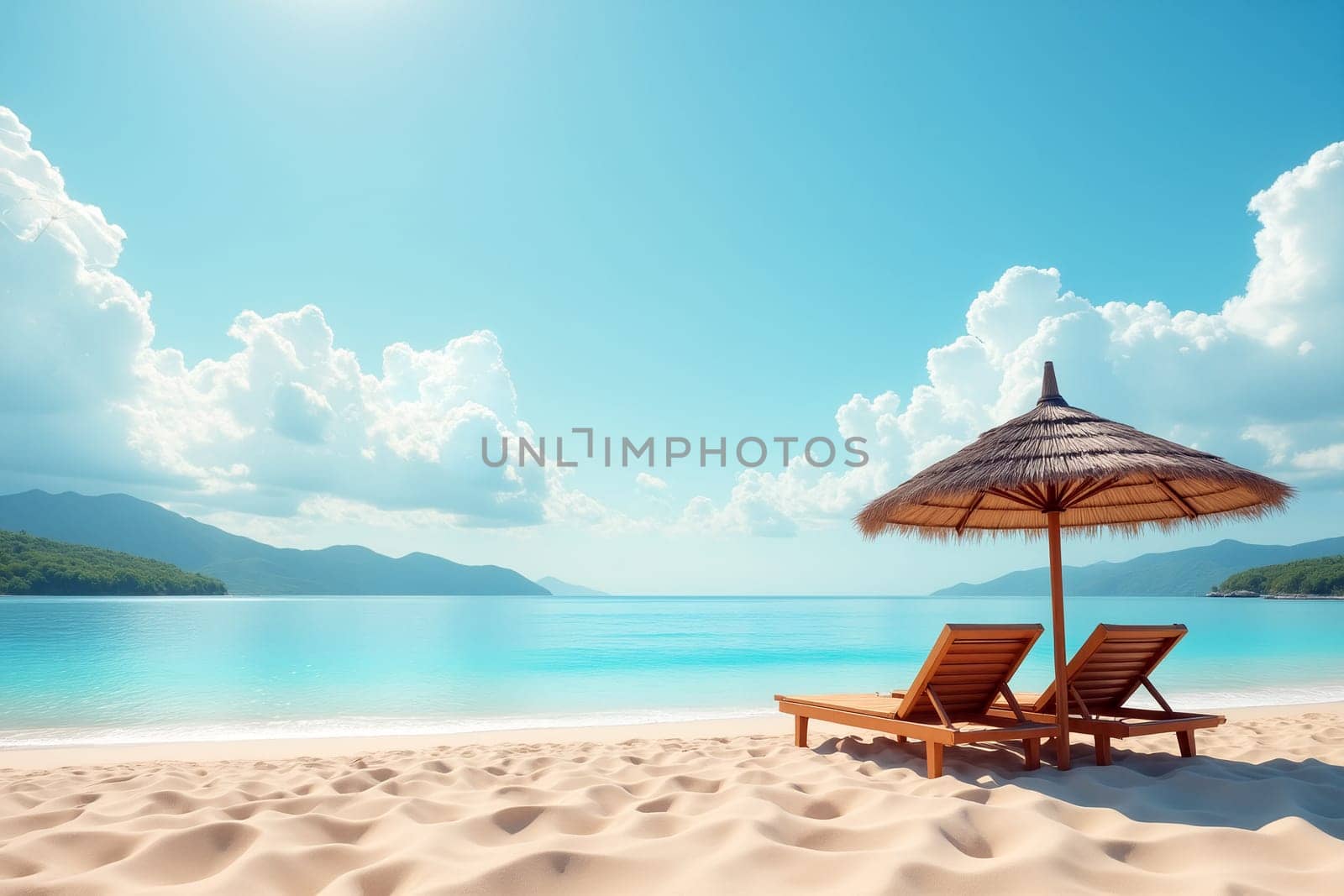 Two wooden loungers sit on soft sand beneath a thatched umbrella, with tranquil blue waters stretching under a clear sky and fluffy clouds. Generative AI.