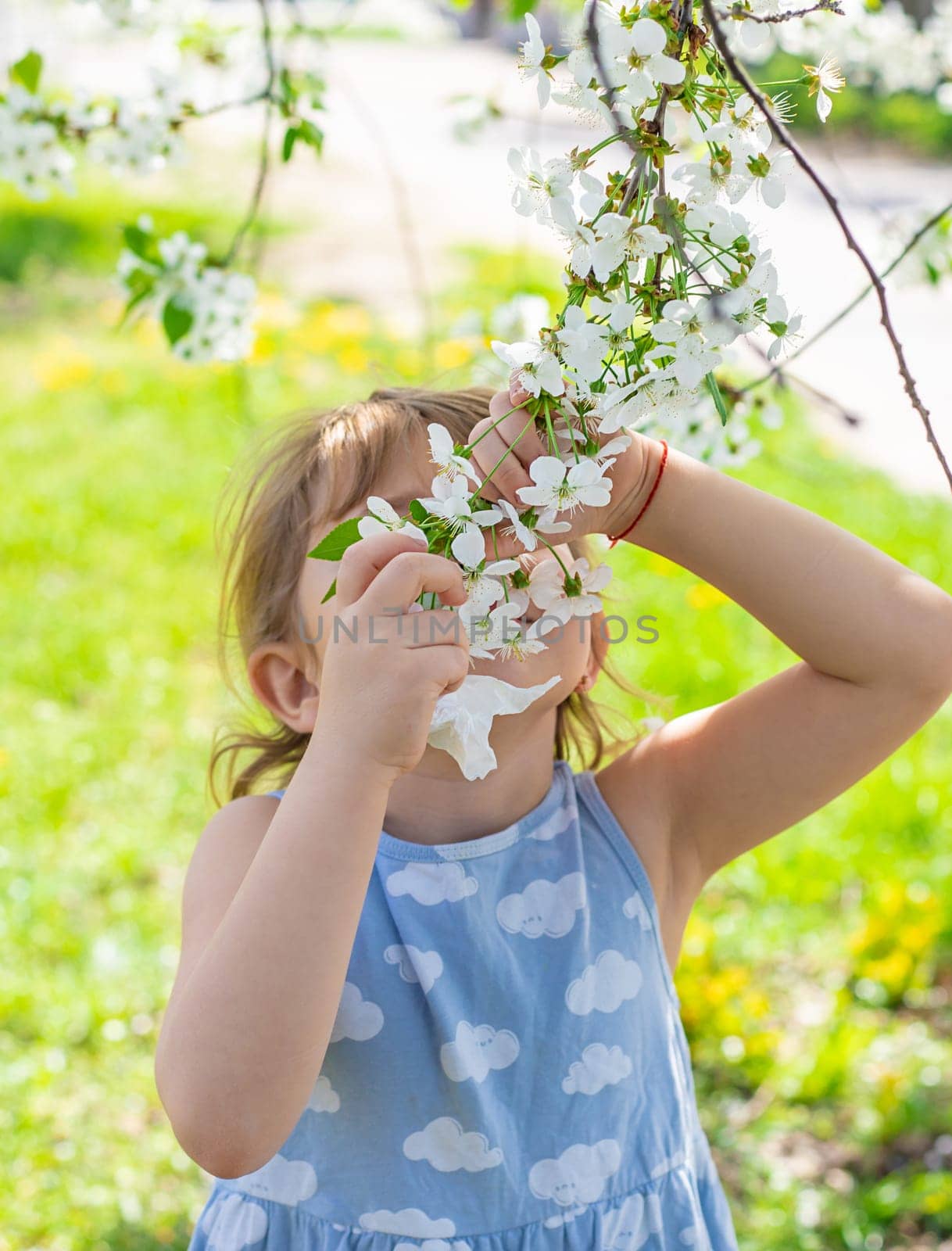 Child in a garden of flowering trees. Selective focus. kid.