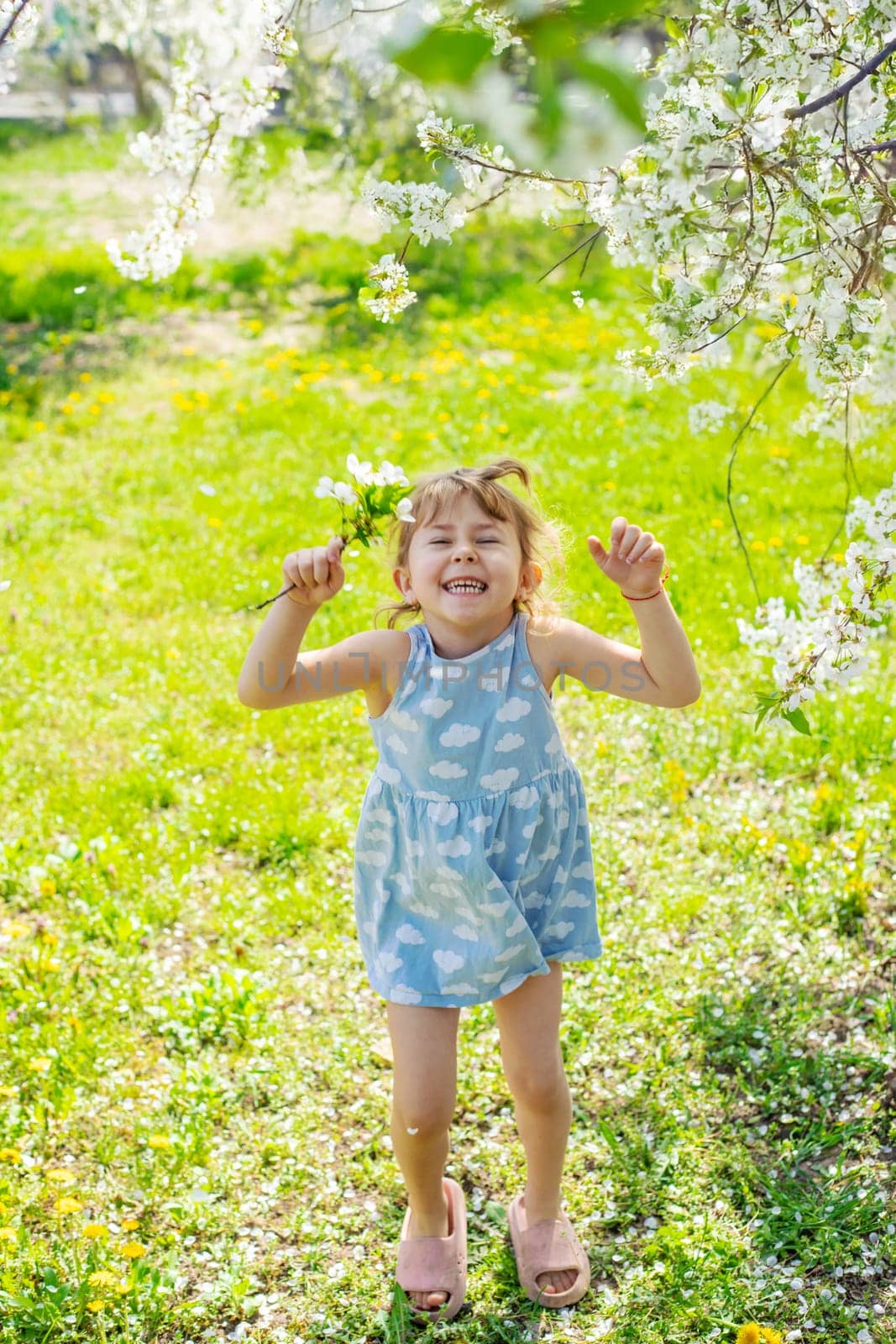 Child in a garden of flowering trees. Selective focus. kid.