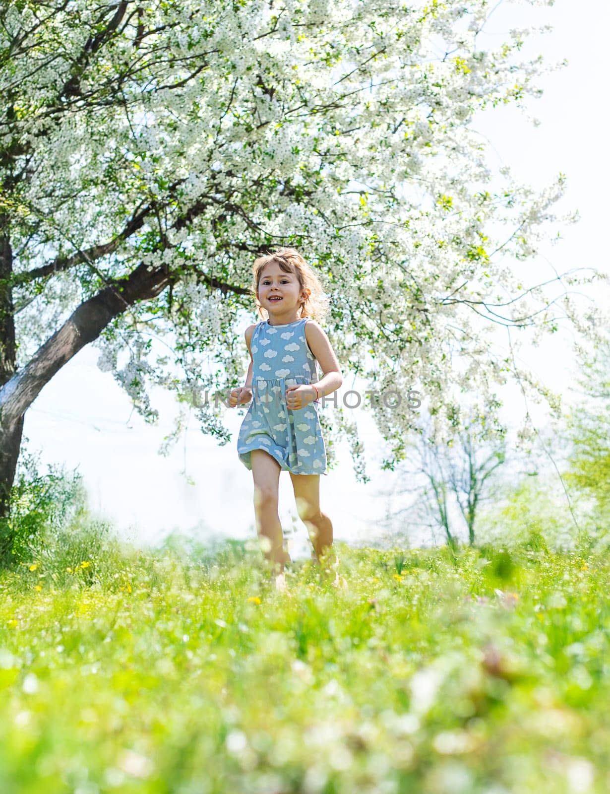 Child in a garden of flowering trees. Selective focus. kid.