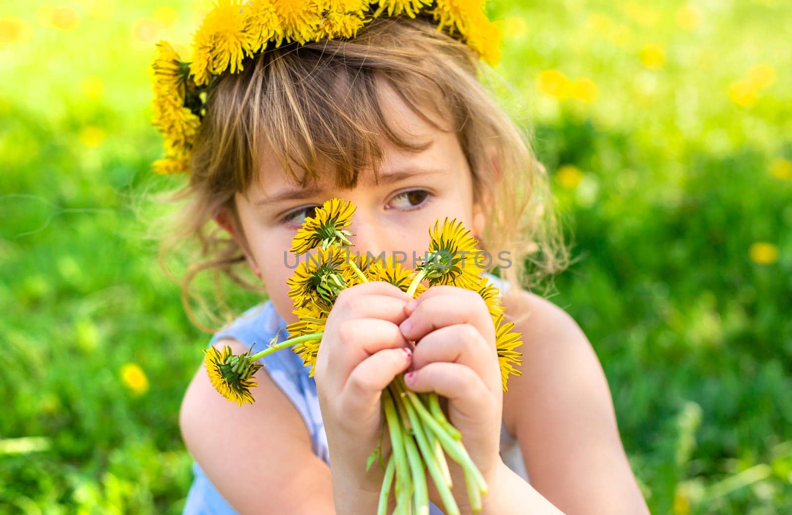 Child in the garden with a bouquet of dandelions. Selective focus. Kid.