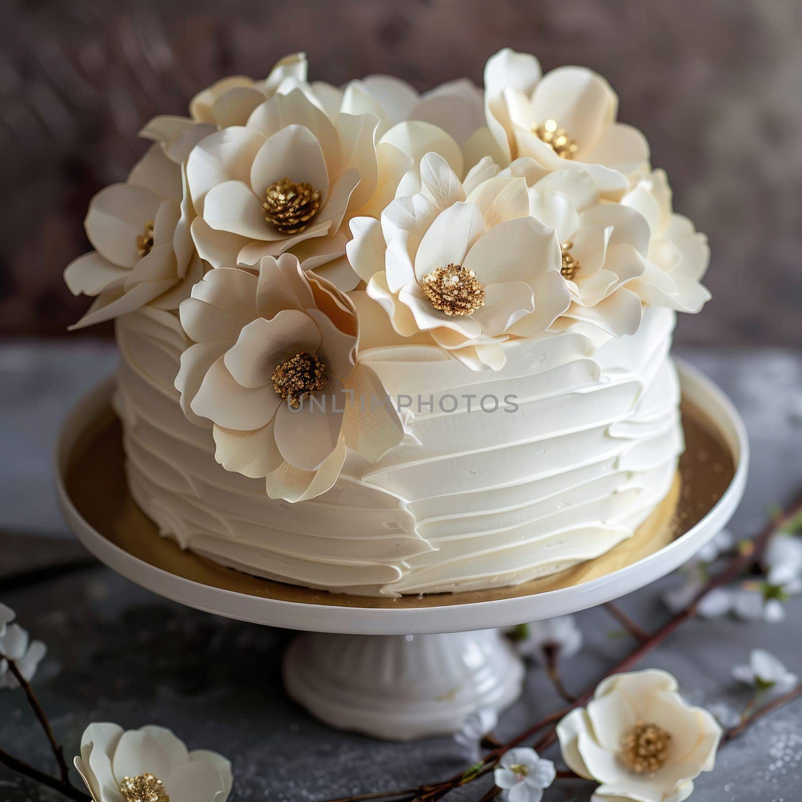 A beautifully crafted chocolate cake sits on a delicate white cake stand. It features a smooth beige frosting and is elegantly decorated with gold and cream flowers. Perfect for celebrations.