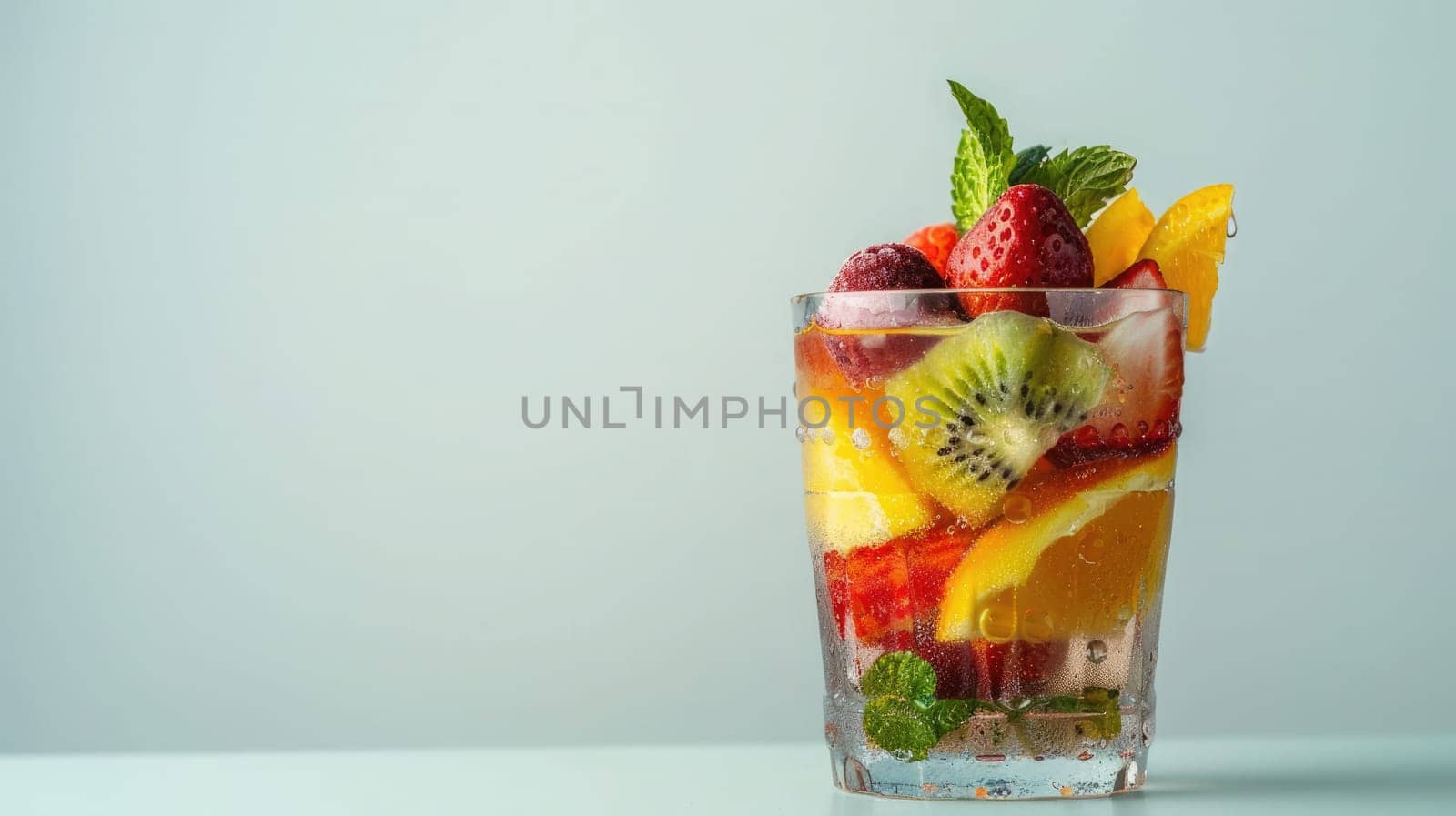 A refreshing cocktail made from blended fruits is served in a clear glass.
