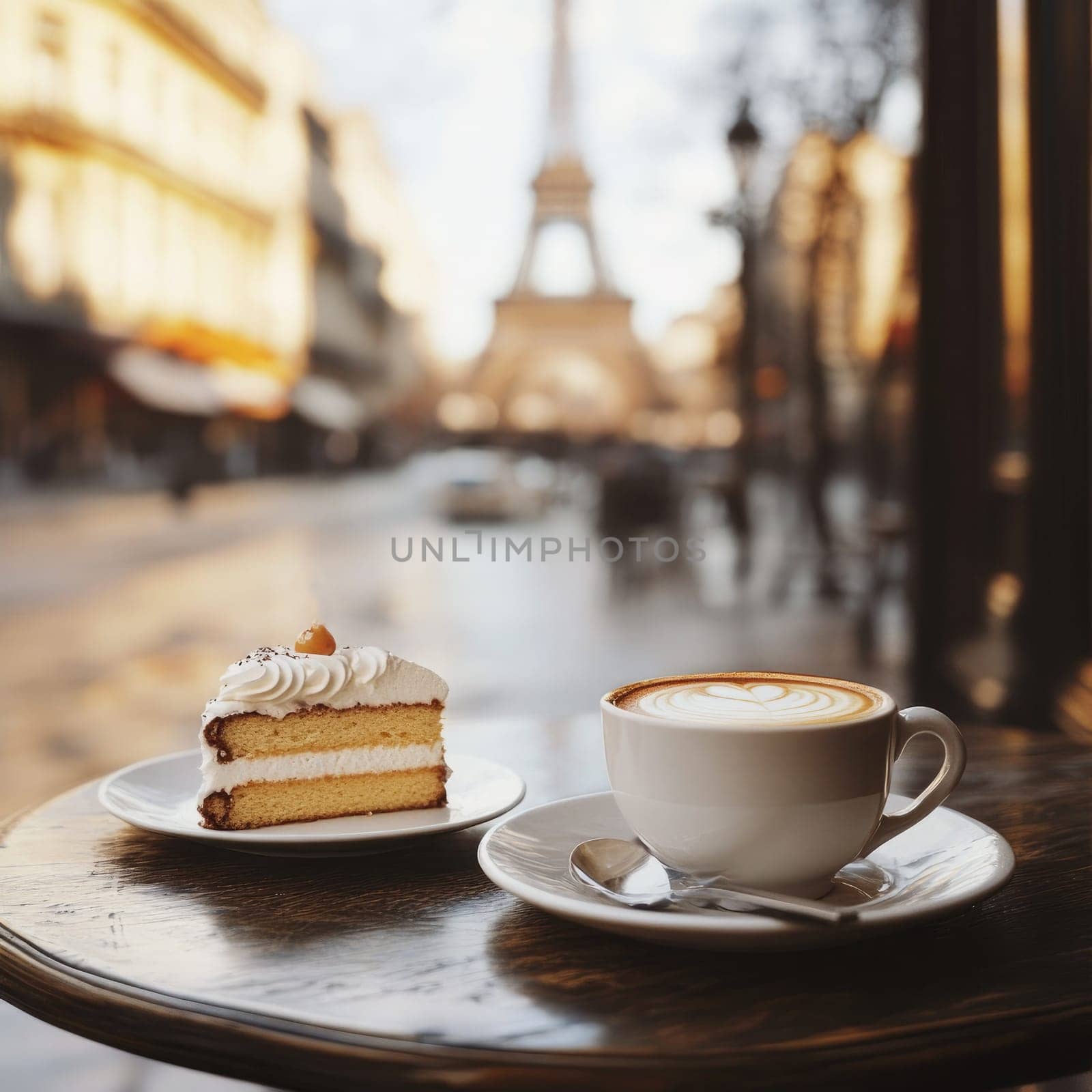 A delightful piece of cake and a cup of coffee are beautifully arranged on a table, offering a stunning view of the Eiffel Tower and the Parisian streets.