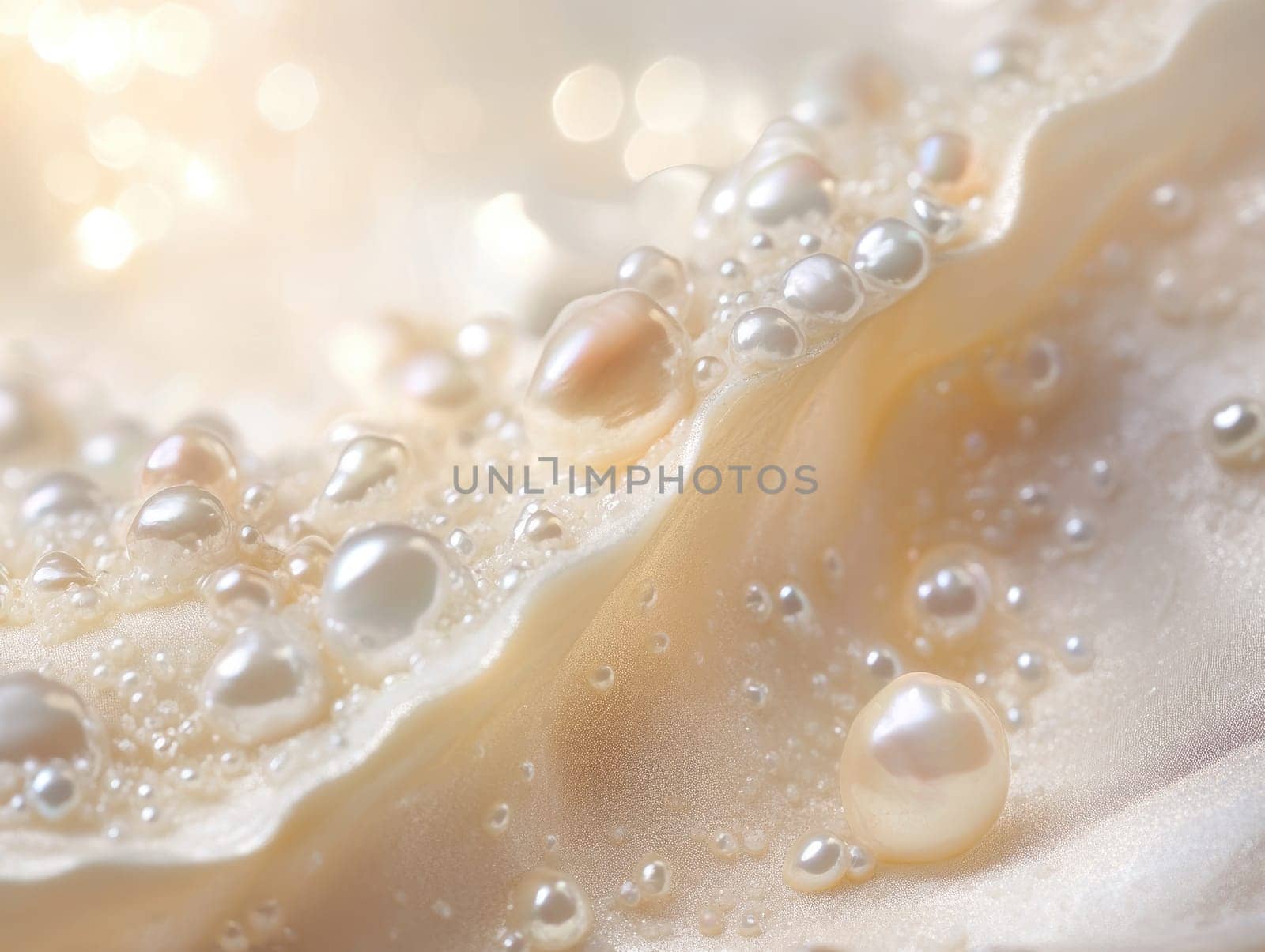 A collection of various pearls is scattered across a delicate fabric, illuminated by soft light, creating an elegant and serene atmosphere.