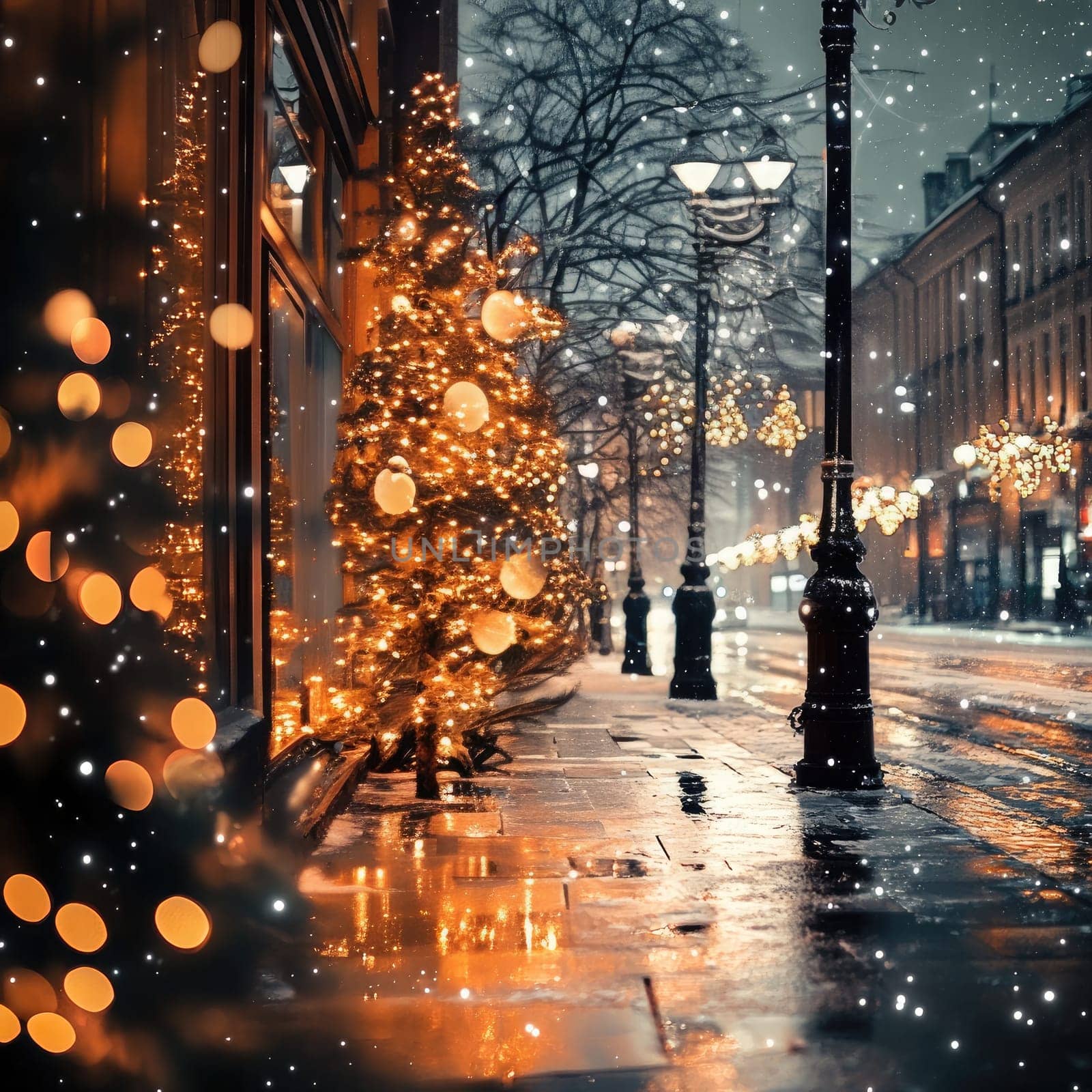 Twinkling lights decorate trees along a glistening street as snow gently falls, creating a cozy and festive atmosphere in the city at night.