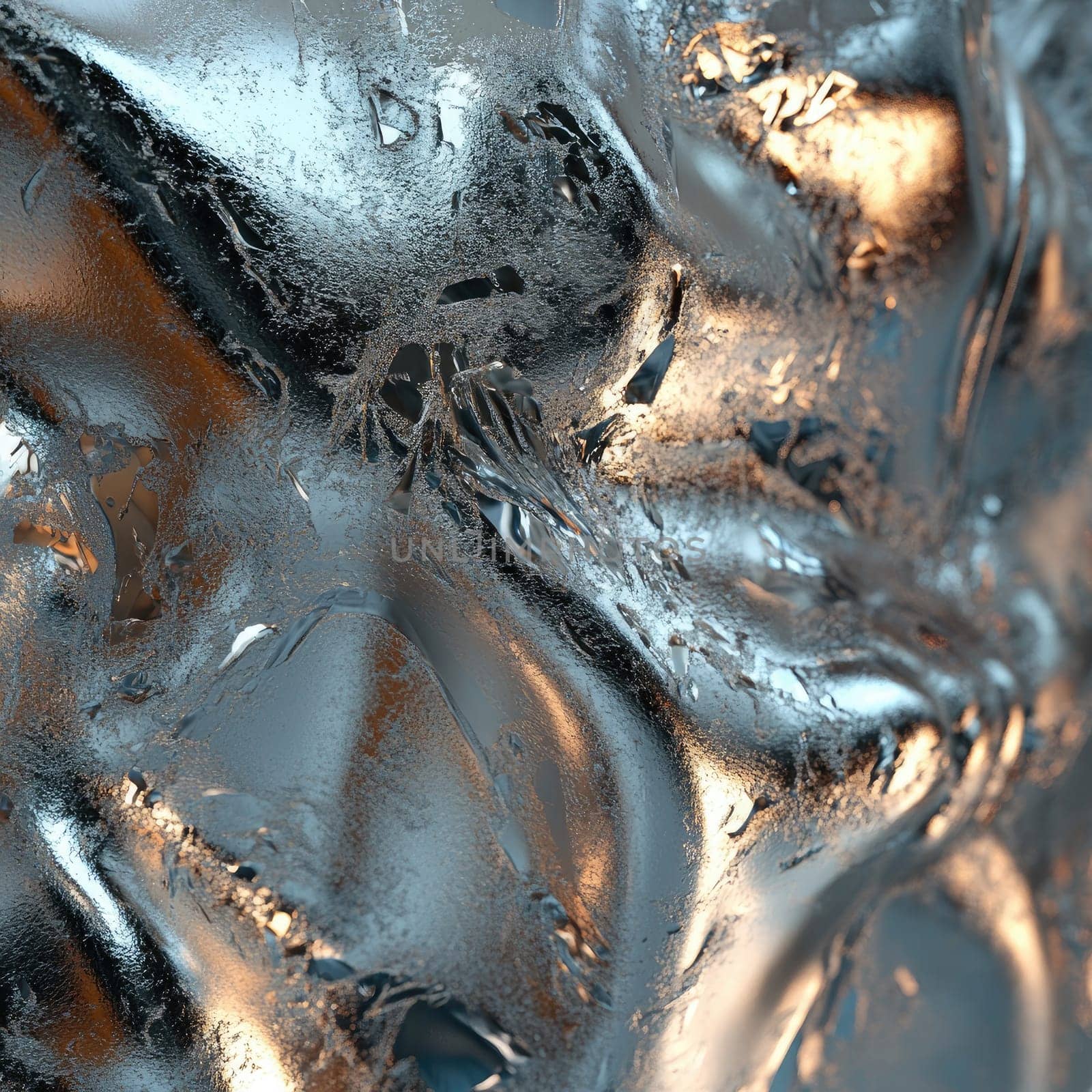 The composition showcases smooth, abstract metal surfaces that create dynamic reflections and textures, resulting in a captivating visual experience with a focus on light interplay.