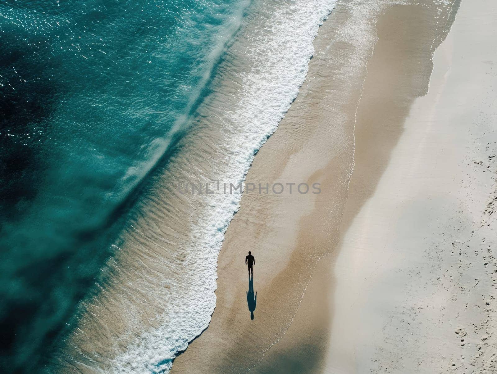 A solitary figure walks along a serene beach at sunrise. Gentle waves wash up on soft sand, creating a peaceful atmosphere as the sun begins to rise, highlighting the calm ocean.
