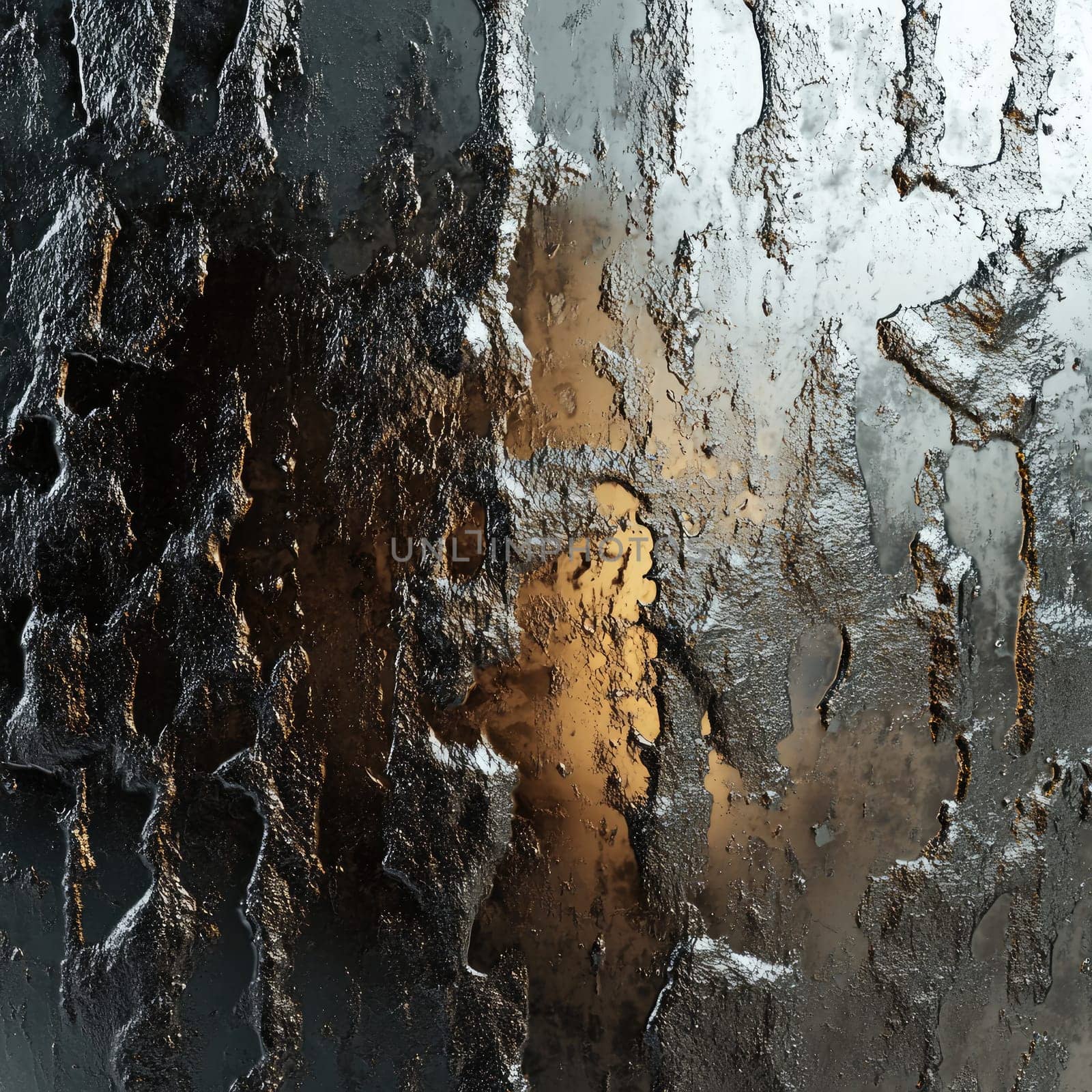 Shimmering metallic surface showcases an abstract texture, featuring a blend of dark tones and reflective highlights. The warm glow hints at nearby light sources during the late evening.