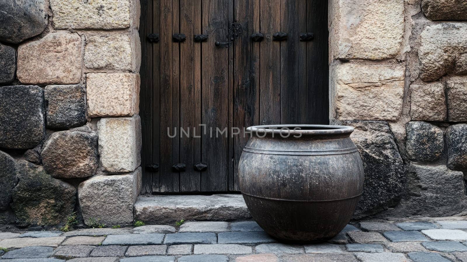 A clay pot is positioned next to a weathered wooden door, surrounded by an old stone wall. The cobblestone ground adds texture to the historic atmosphere of the location.