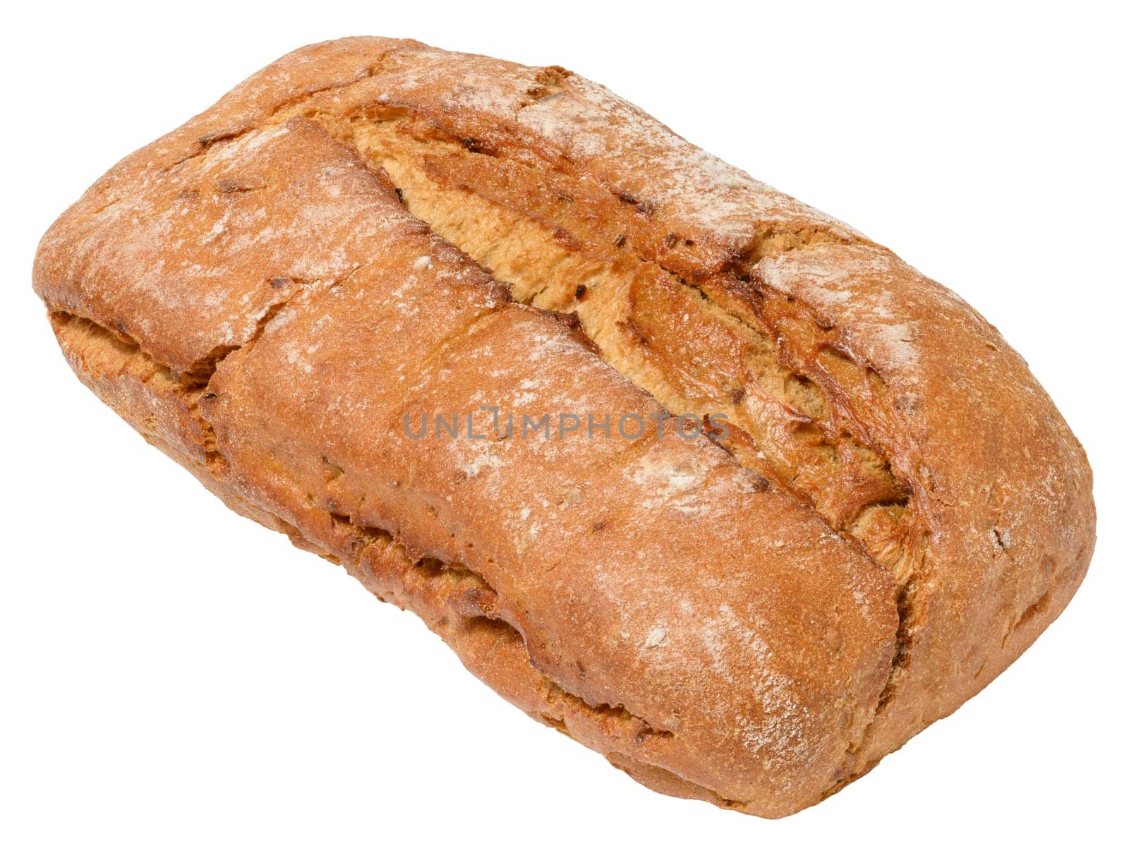 Rectangular loaf of whole grain bread with a cracked, flour-dusted crust, isolated background, viewed from above.