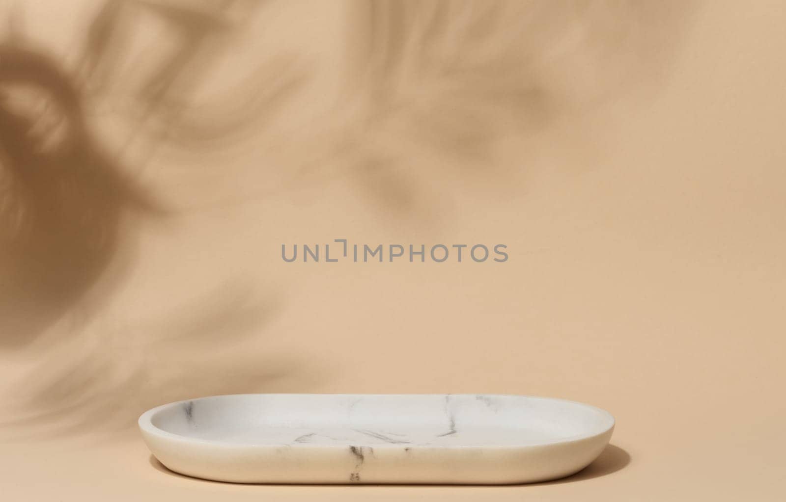 An empty, oval shaped soap dish made of white marble with gray veining sits on a beige background with soft, blurred leaf shadows