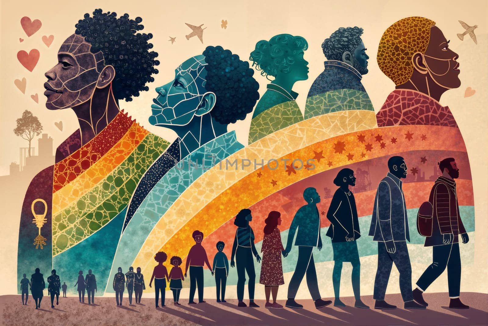 Groups of diverse individuals walk together in a lively urban setting, showcasing unity amidst a backdrop of colorful patterns and cultural symbols. living together concept - Generative AI.