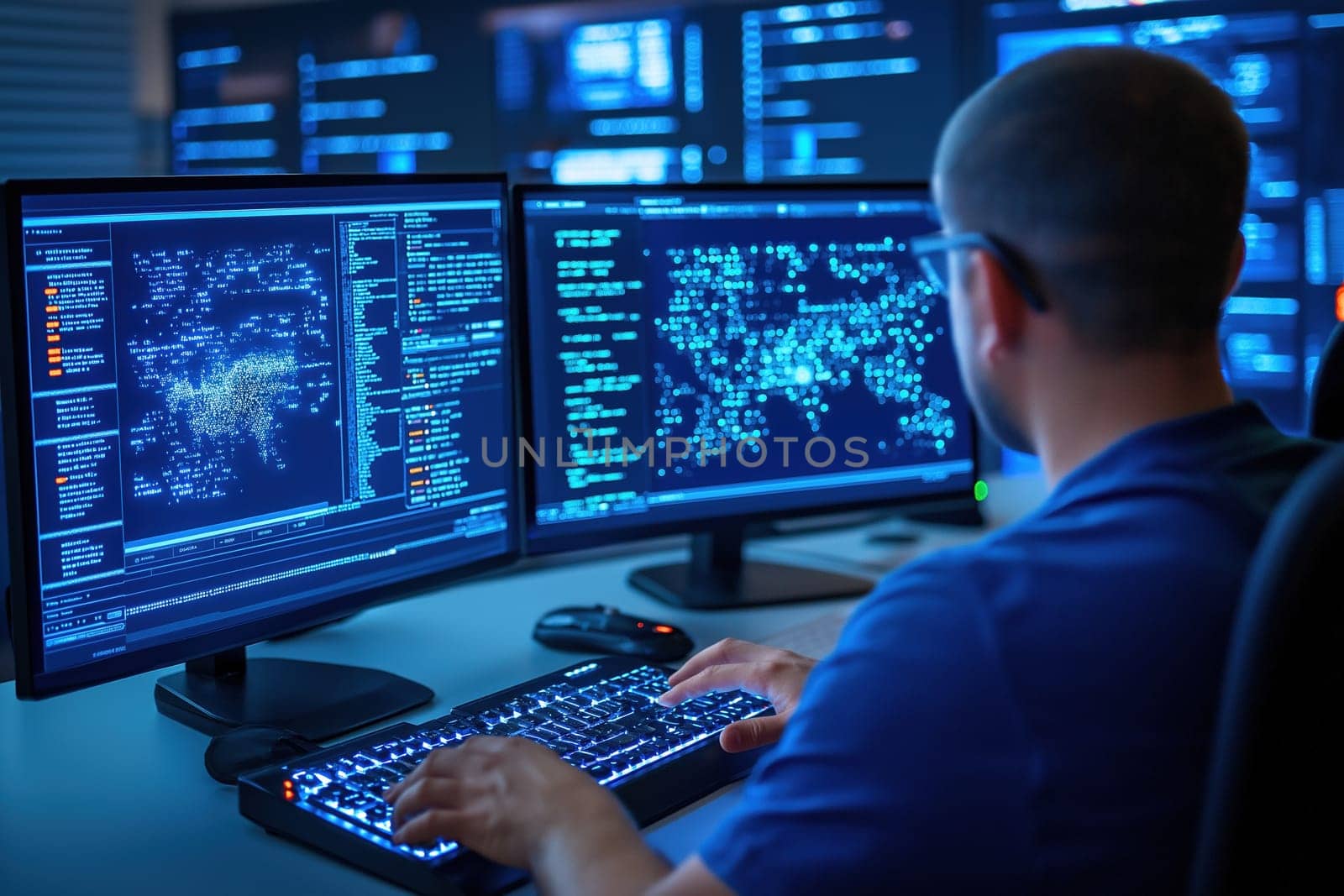 IT specialist working in a cybersecurity operations room, monitoring global network activity and analyzing code on dual screens. Perfect for cyber defense, tech security, and digital themes.