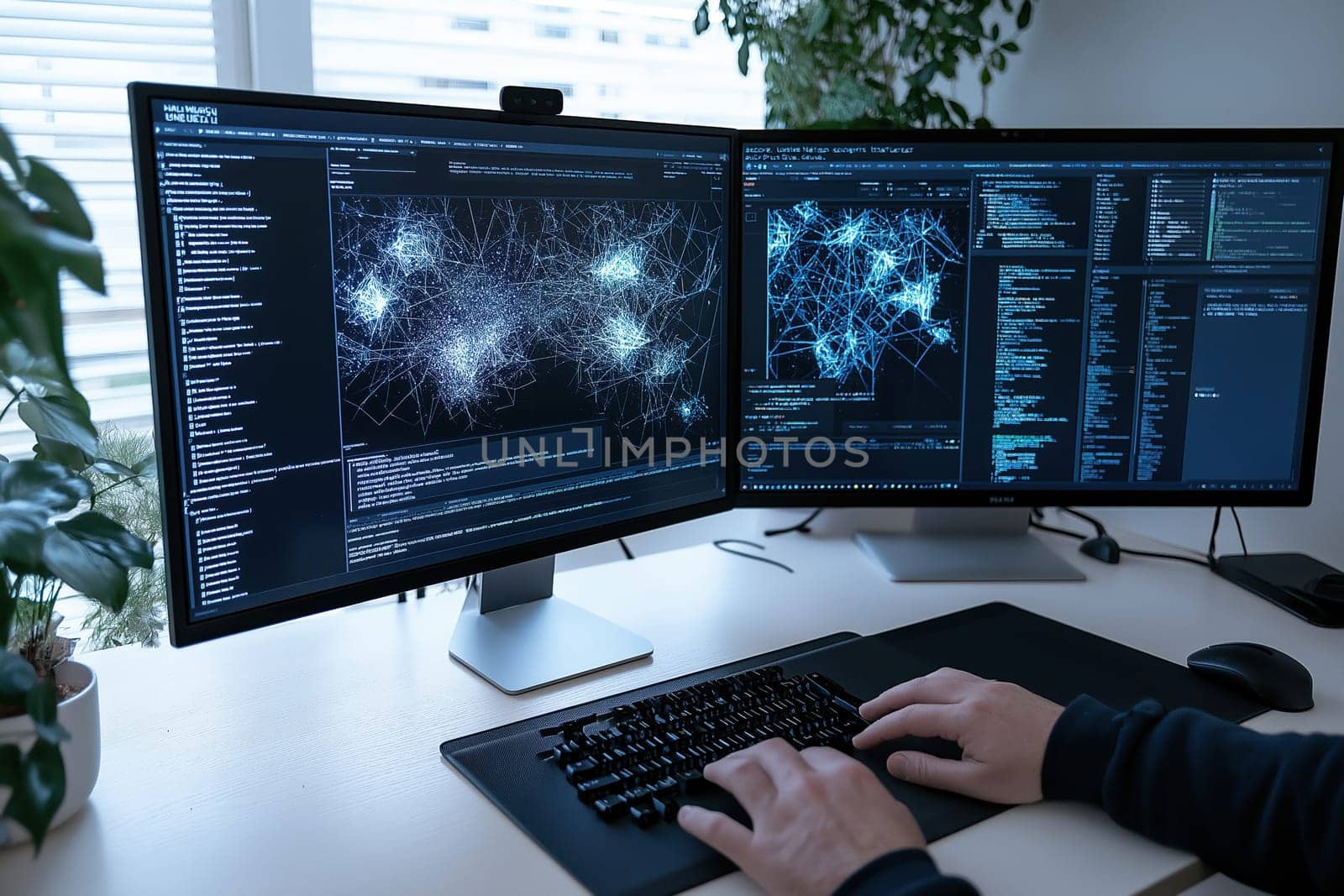 Software engineer working with advanced data visualization and algorithm analysis on dual monitors. Ideal for tech, cybersecurity, data science, and AI-related visuals in a modern development setup.