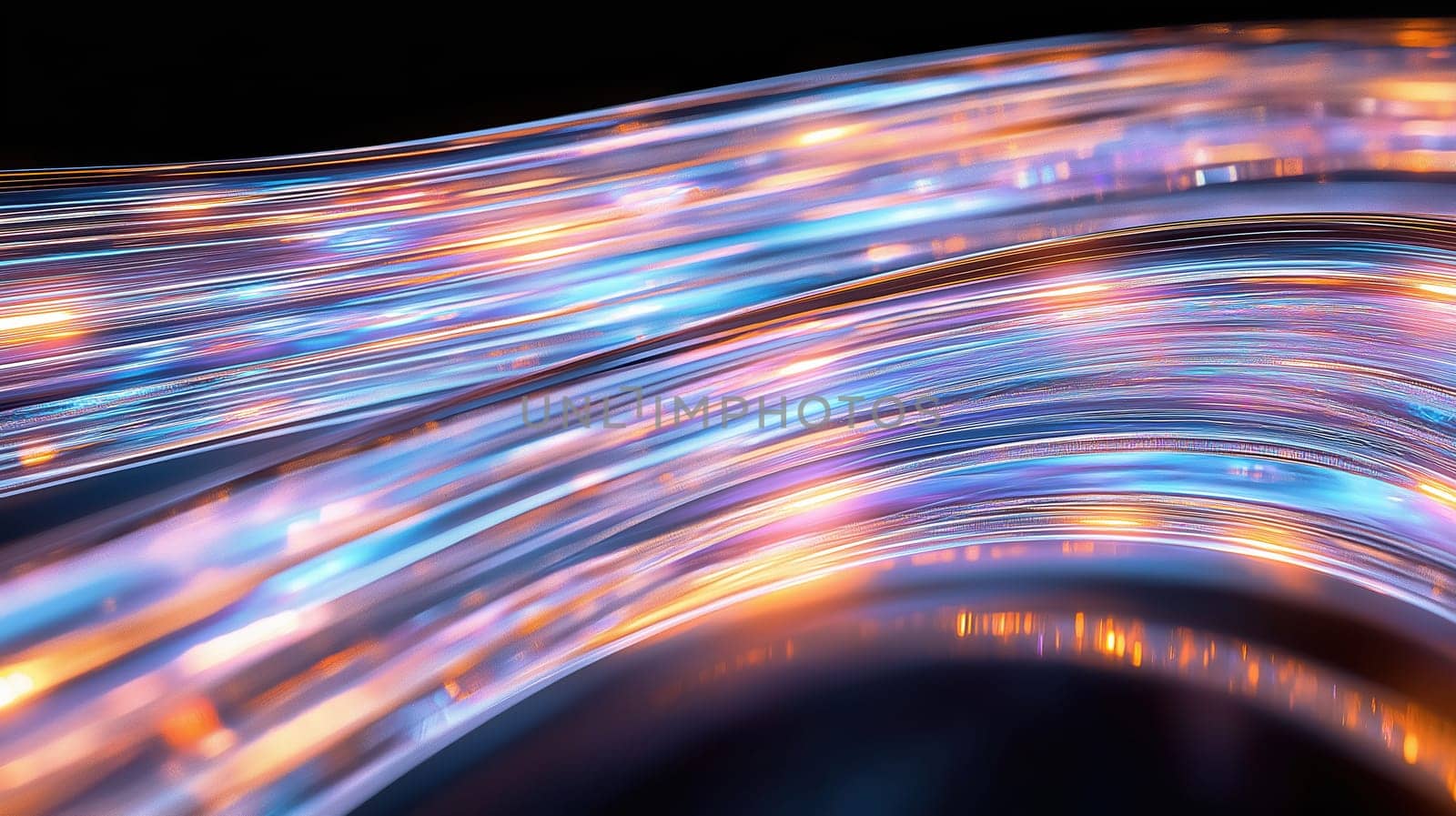Dynamic digital wave of glowing fiber optic lines with bokeh lights in neon pink, blue, and orange. Perfect for tech, data, music, or futuristic visual design concepts and motion backgrounds.