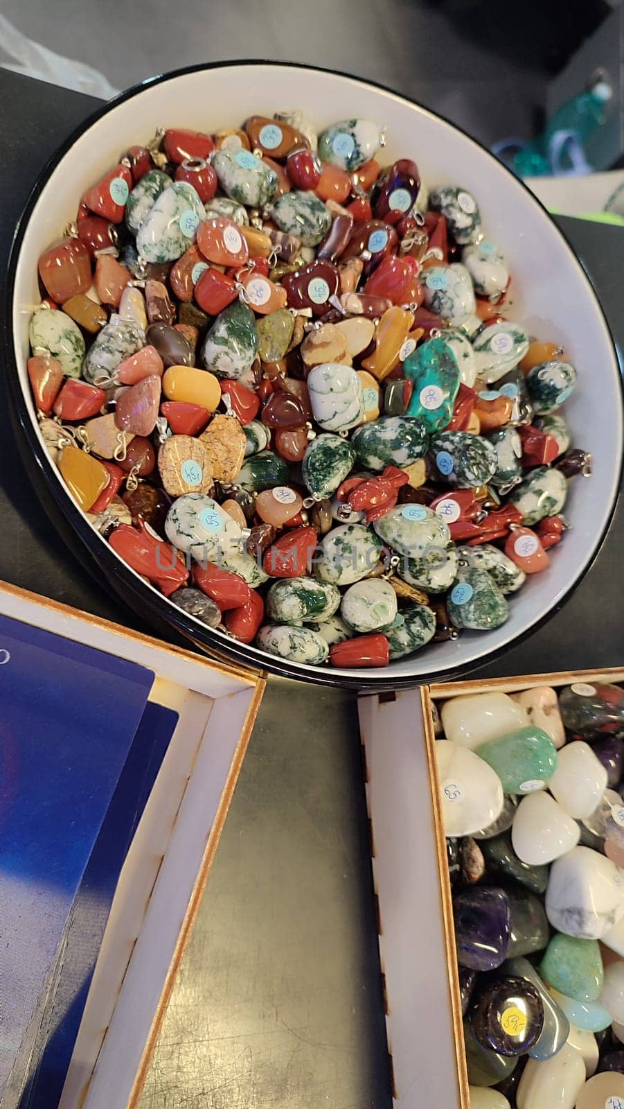 Colorful polished stones objects design furniture shop shopping different material products . High quality photo