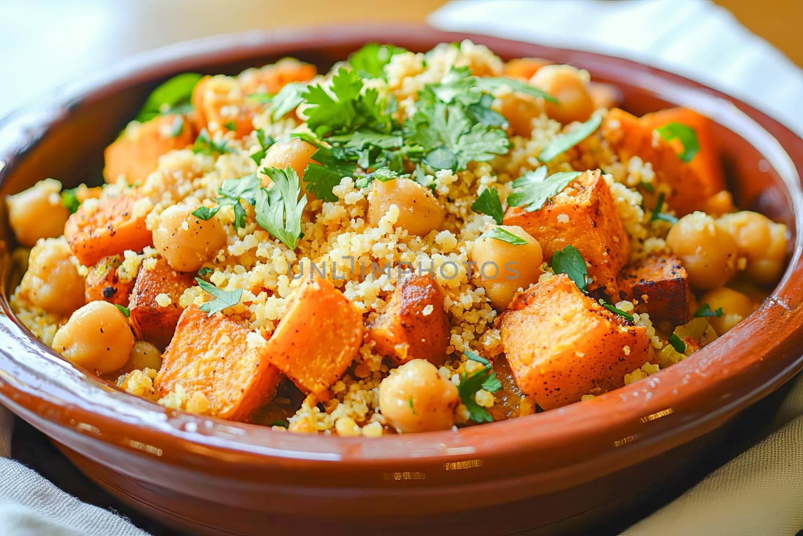 A Middle Eastern salad with roasted sweet potatoes, chickpeas, and fluffy couscous topped with fresh coriander. A nutritious and colorful healthy option.