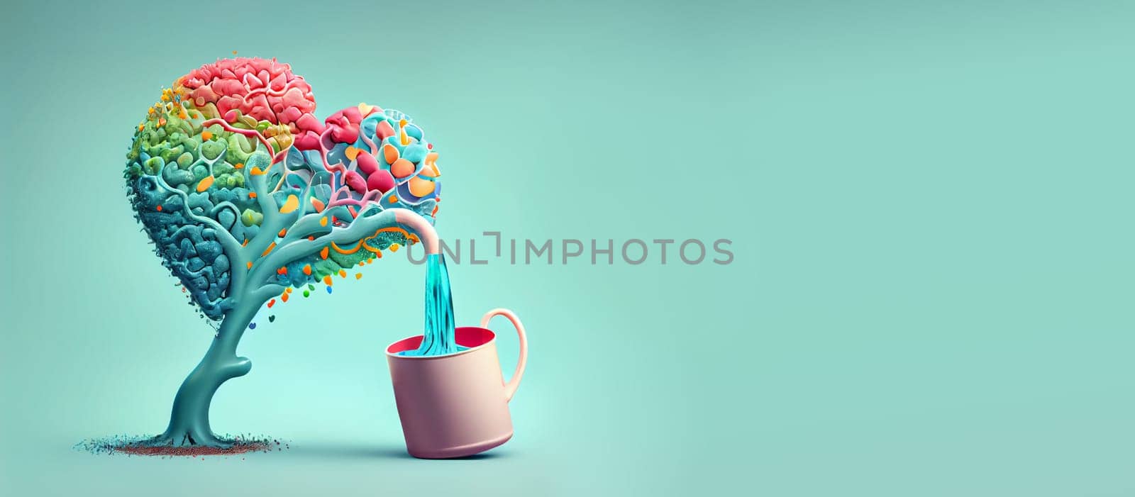 Human brain tree in heart shape pouring water into a cup, mental health concept, love and emotion, positive attitude, creative thinking, generative AI
