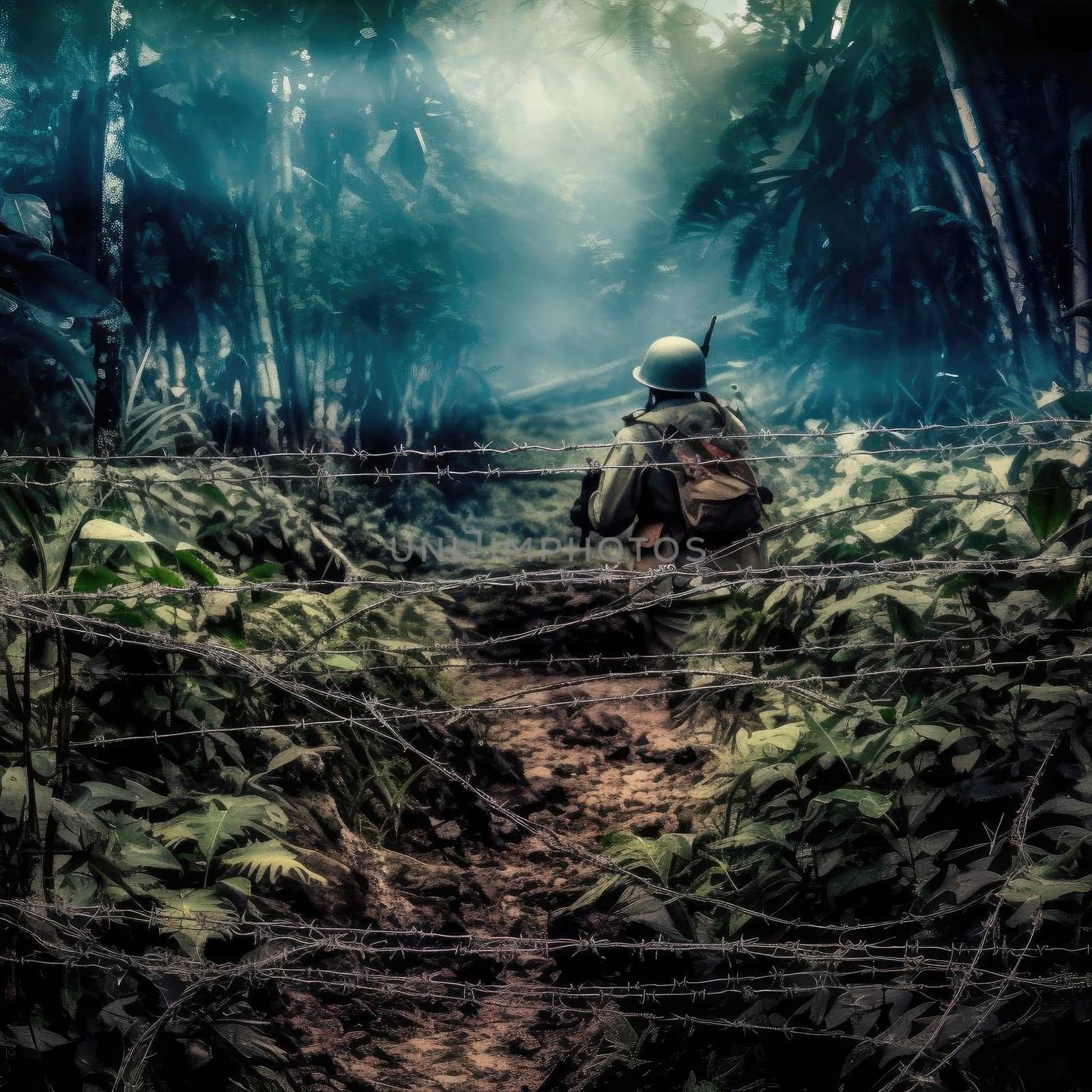 Soldier in the jungle - military concept - selective focus