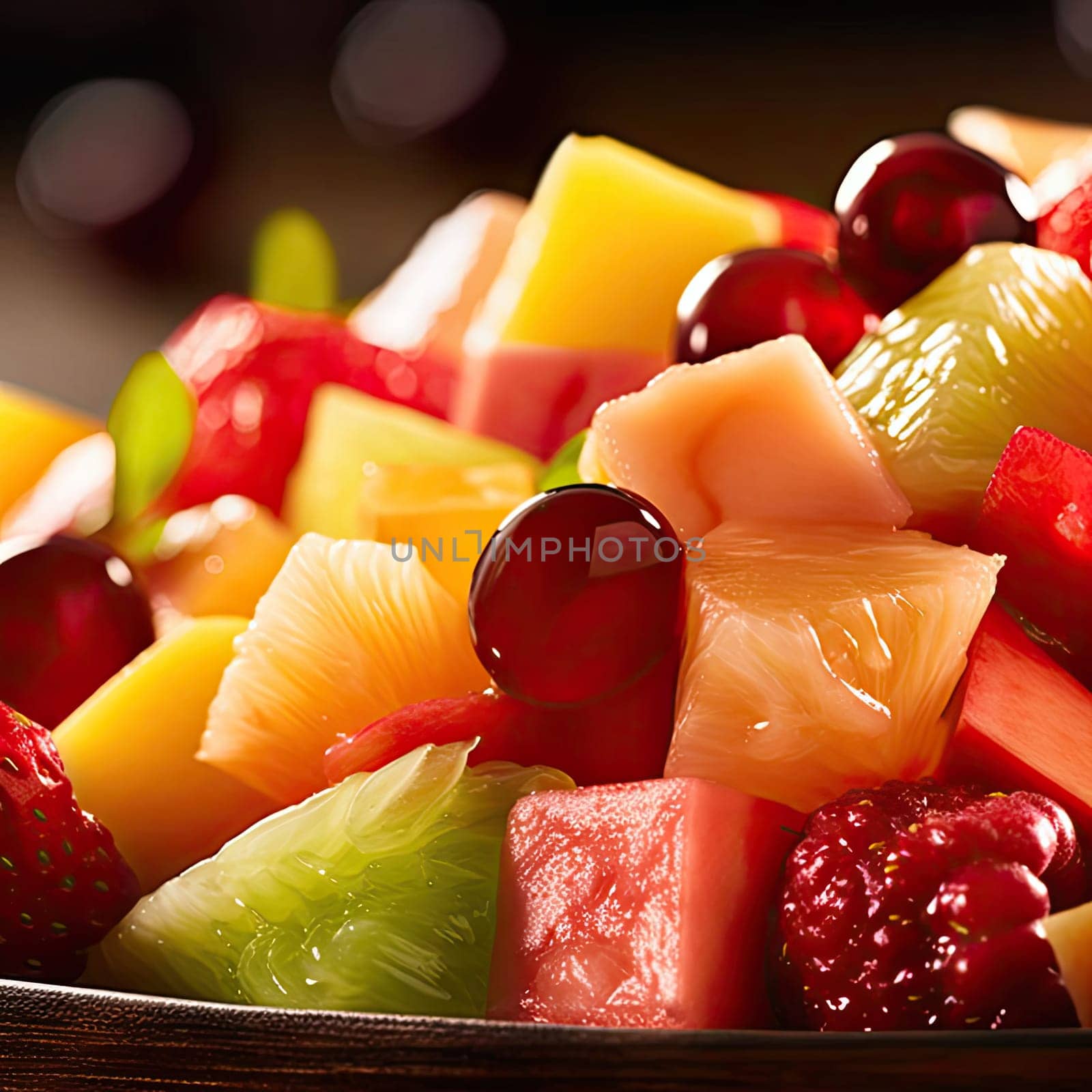 Fruit salad with strawberries, pineapple, kiwi, and grapes