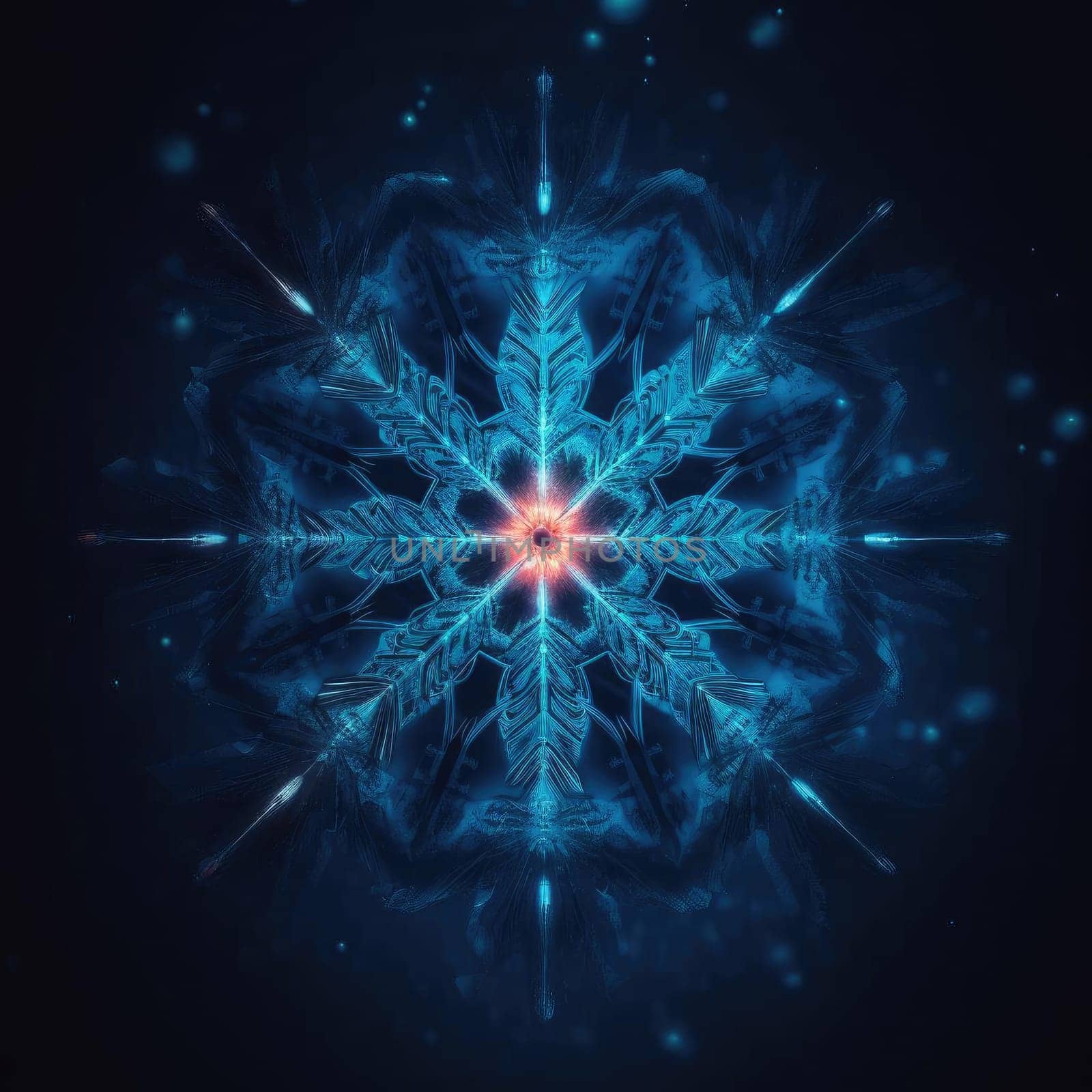 Abstract fractal blue background with a glowing snowflake in the center