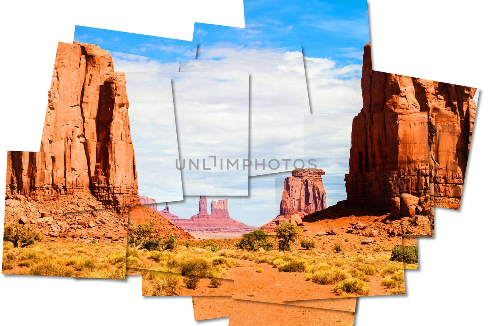 Creative picture of Monument Valley in USA - scenic red landscape with blue sky