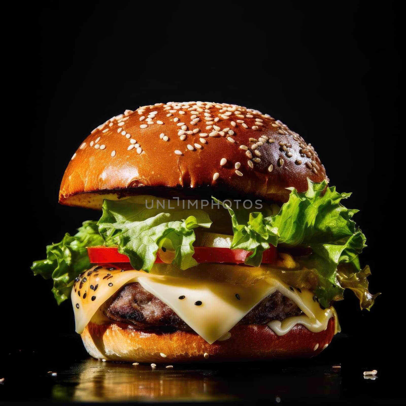Big hamburger with cheese and vegetables on a black background