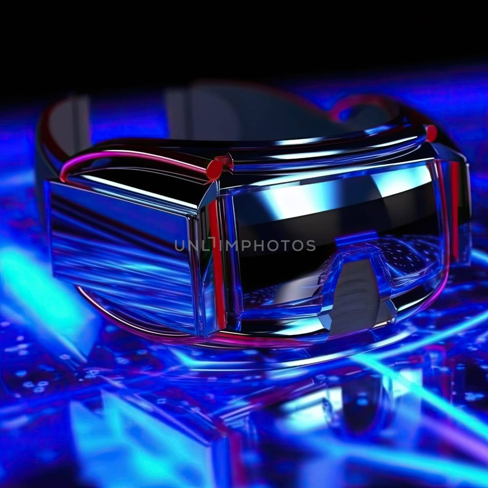 Virtual reality glasses over black background with blue lights - 3D illustration
