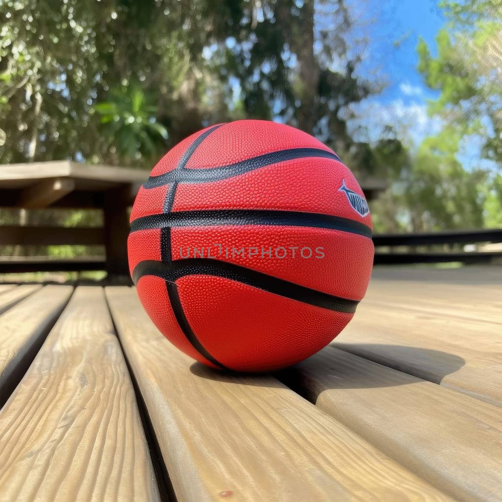 Basketball ball on a wooden table in the park - selective focus