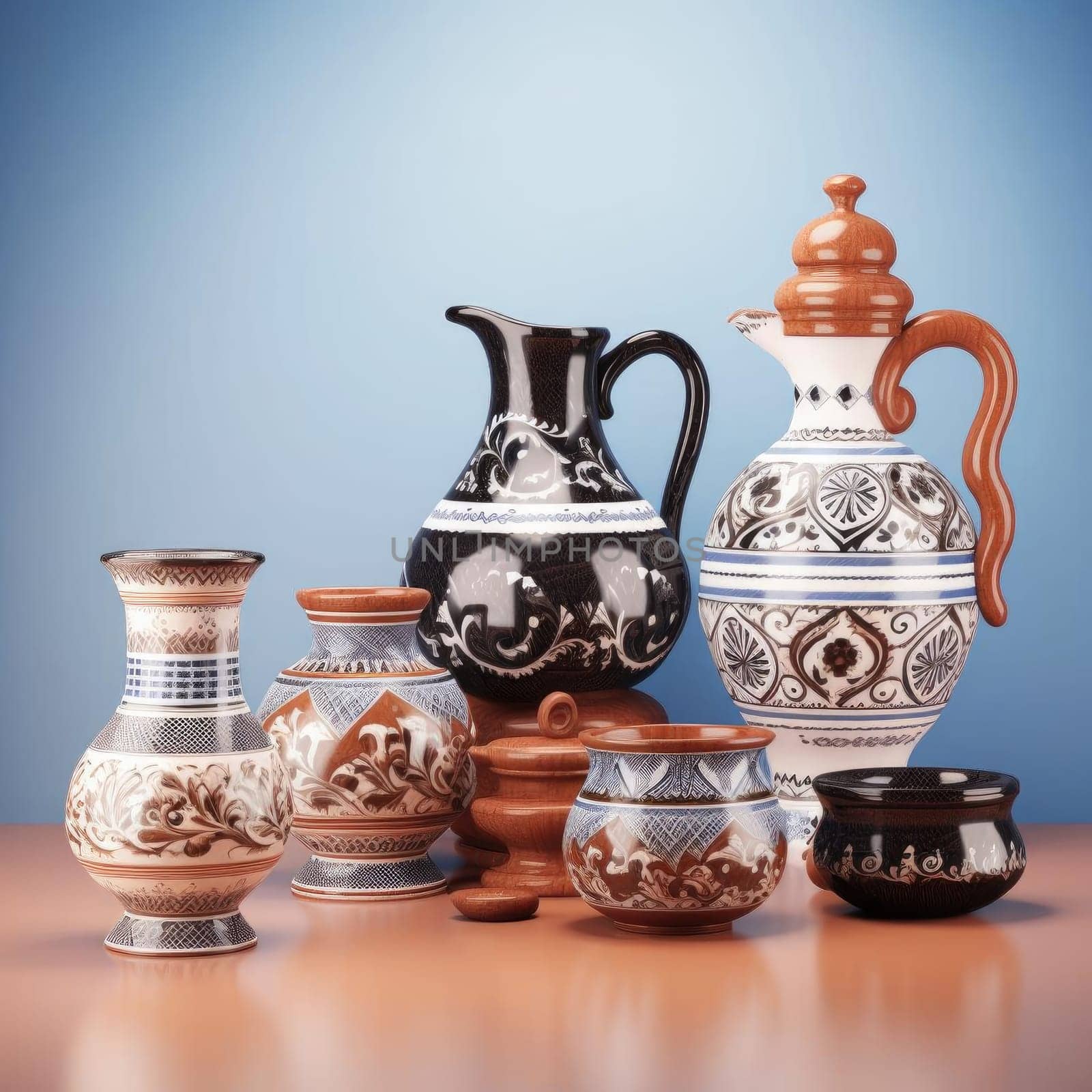 Antique ceramic earthenware vases and pots on the table