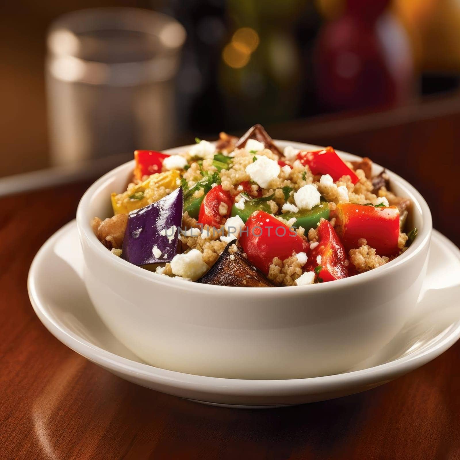 Quinoa salad with eggplant, tomatoes, and feta cheese