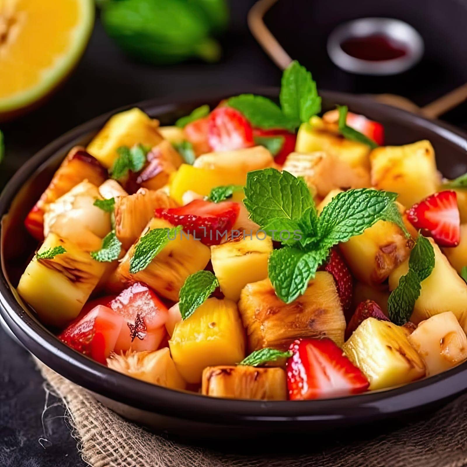 Fruit salad with pineapple, strawberry, and mint