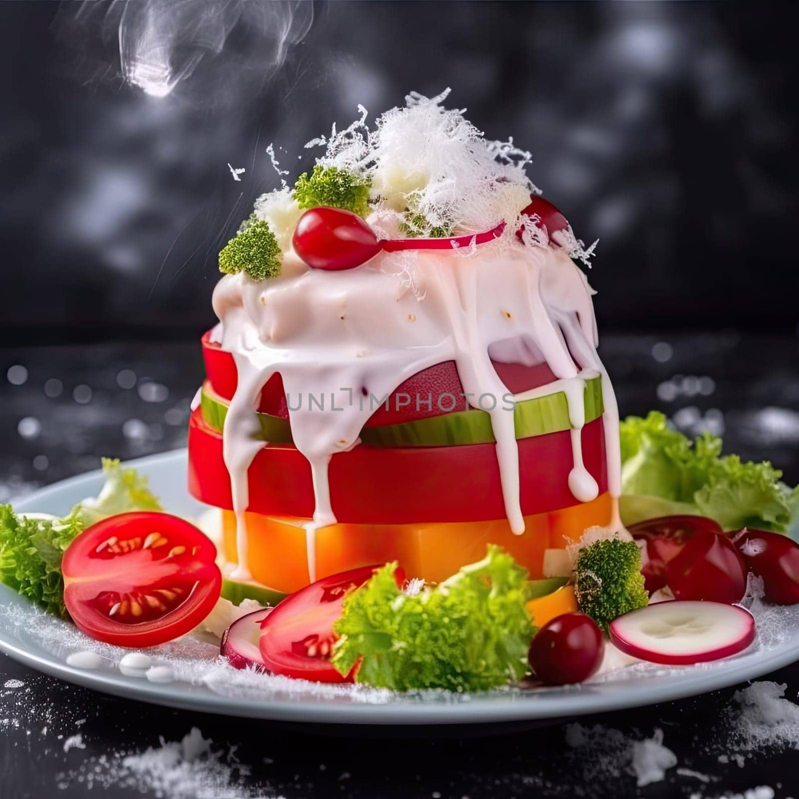 Vegetable salad with tomato, cucumber, lettuce, and mayonnaise