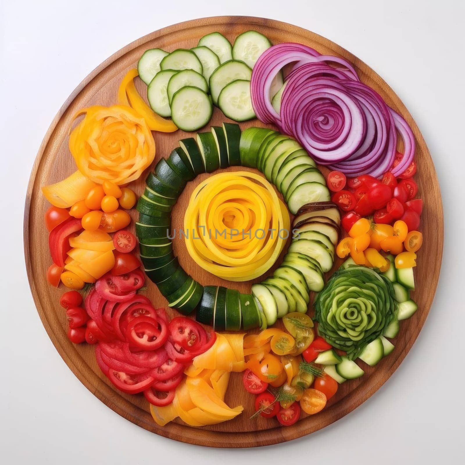 Sliced fresh vegetables on wooden plate on white background