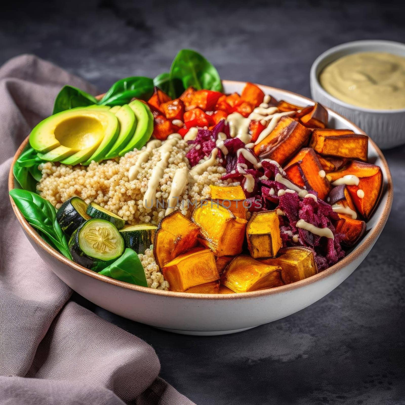 Healthy bowl with quinoa, avocado, sweet potato, beetroot, cucumber, and hummus