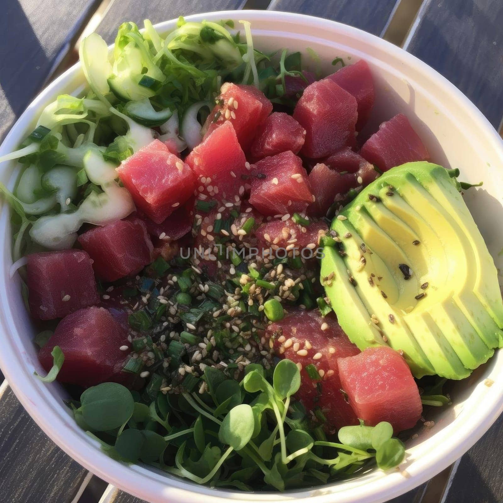 Hawaiian poke bowl with tuna, avocado, and sesame seeds