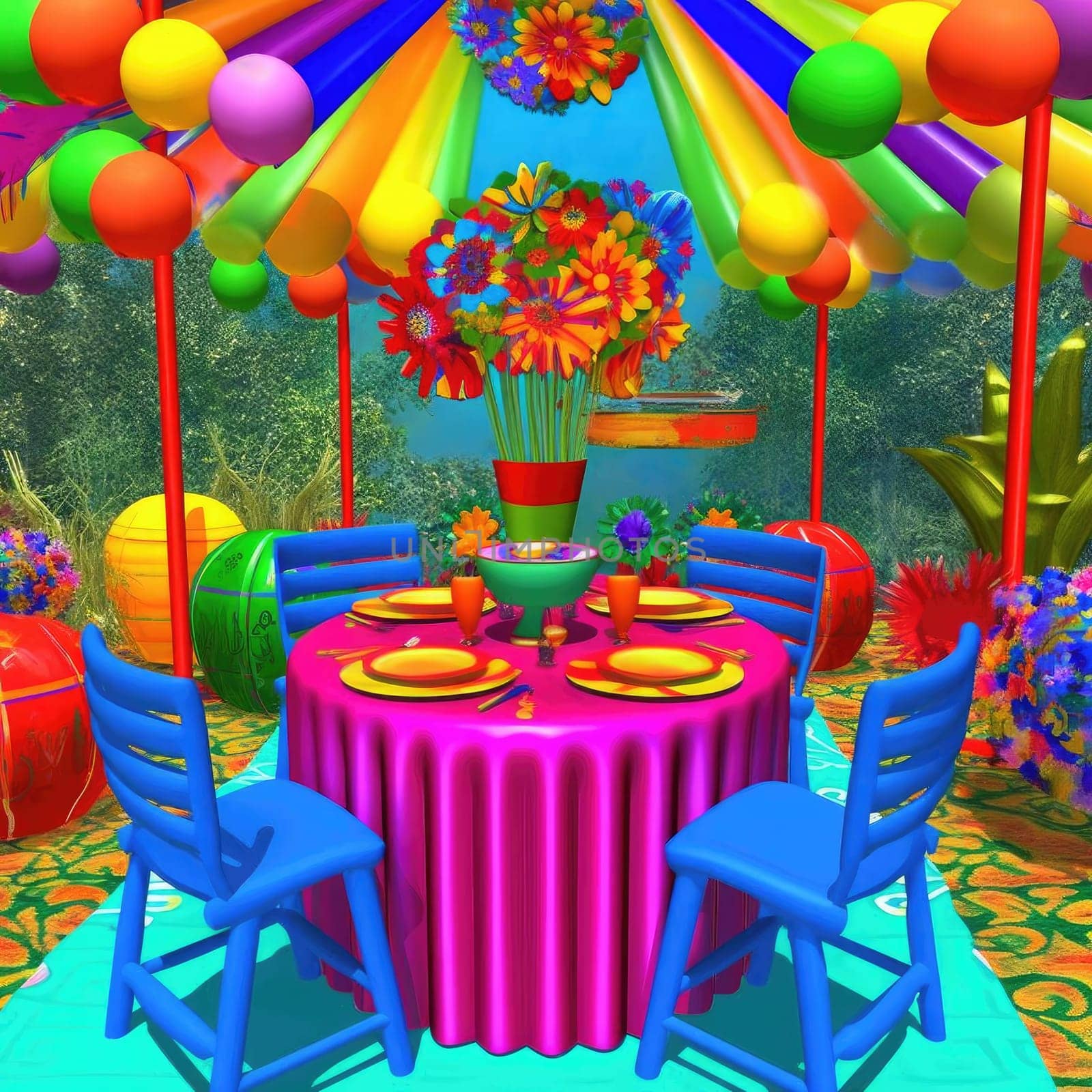 Colorful table and chairs in the garden - 3D illustration